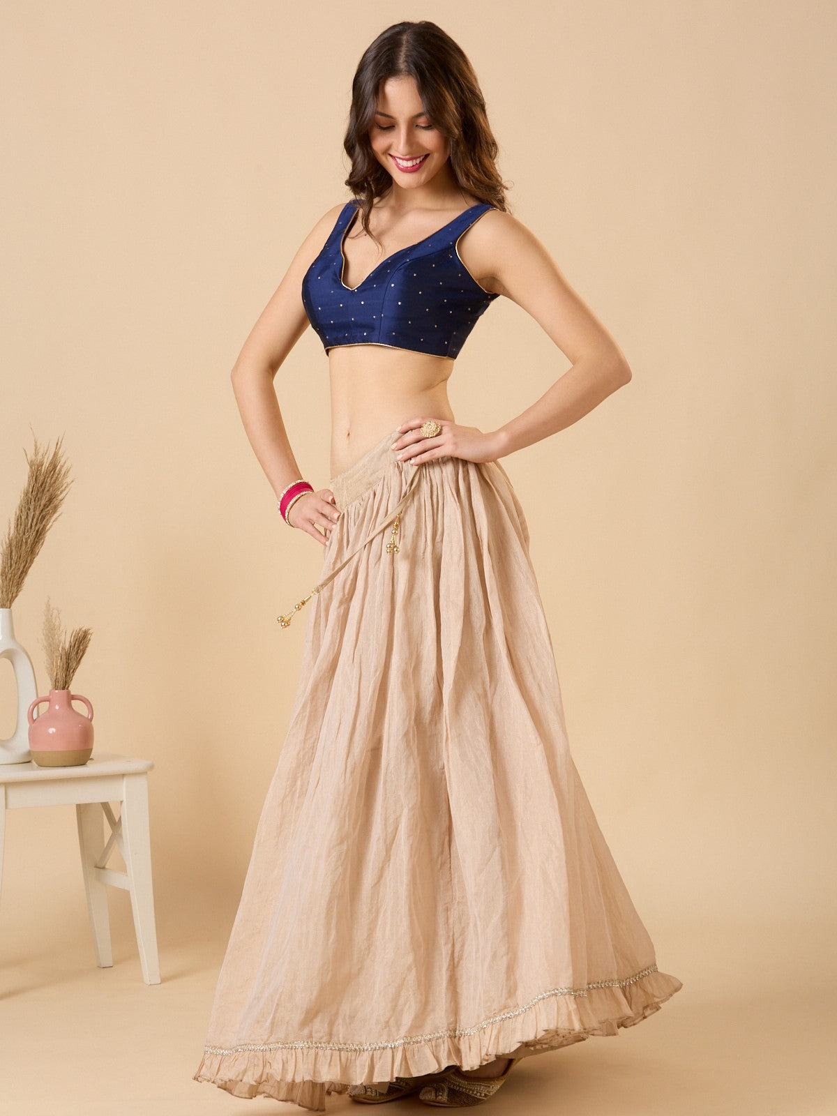 Navy Blue Taffeta Silk Sweetheart Neck Sleeveless Readymade Blouse
