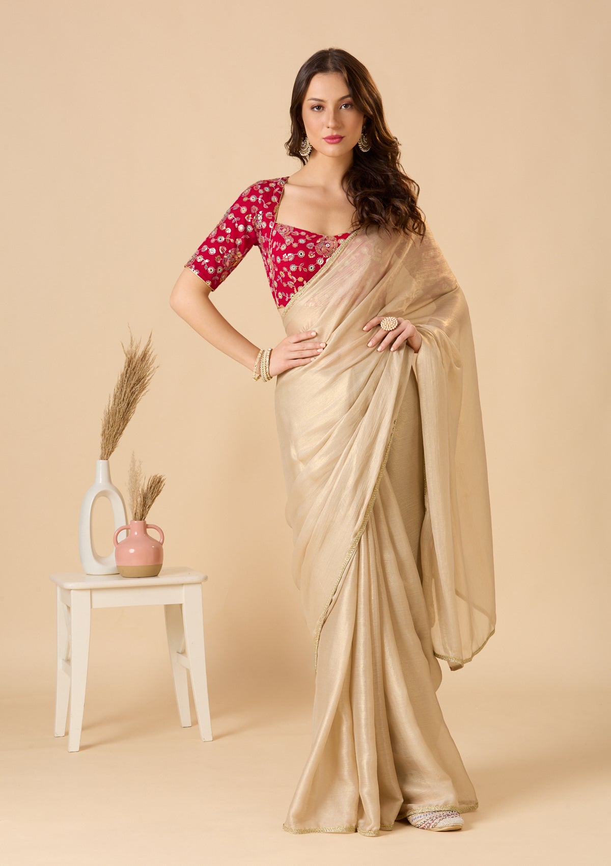 Pink Georgette Sweetheart Neck Readymade Blouse With Embellishment