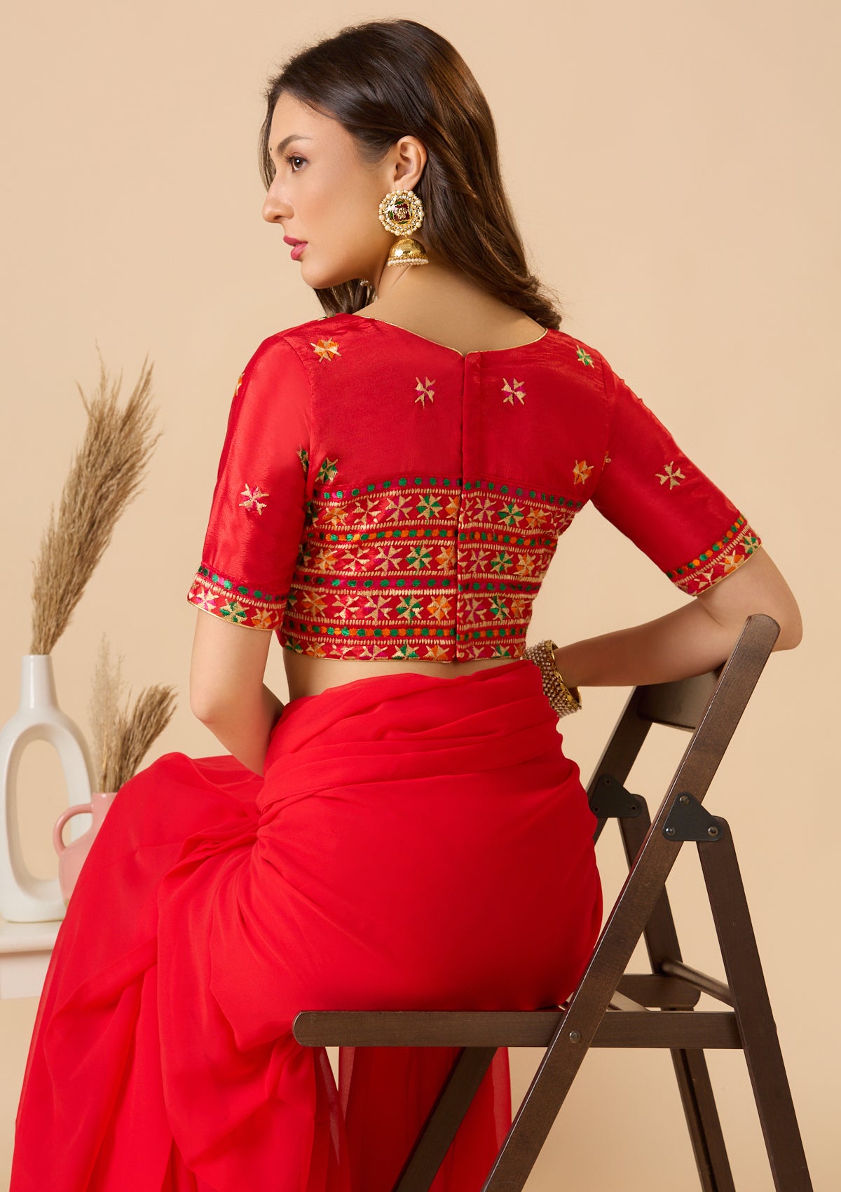 Red Chinon Silk Round Neck Phulkari Readymade Blouse