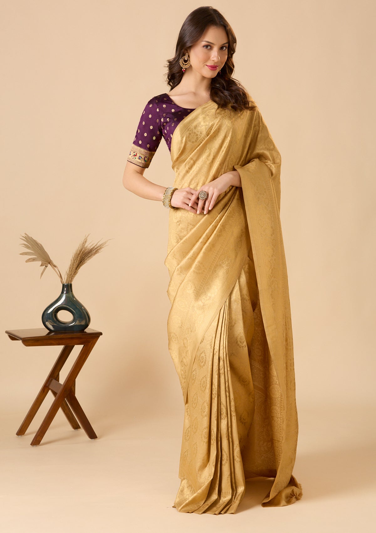 Purple Paithani Silk Round Neck Readymade Blouse