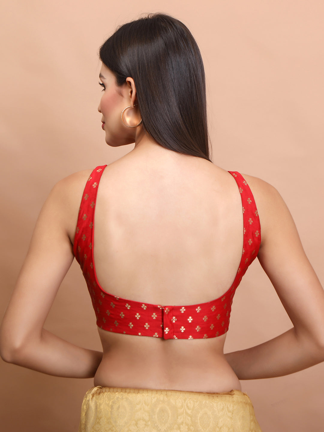 Red Brocade Sleeveless Readymade Padded Blouse