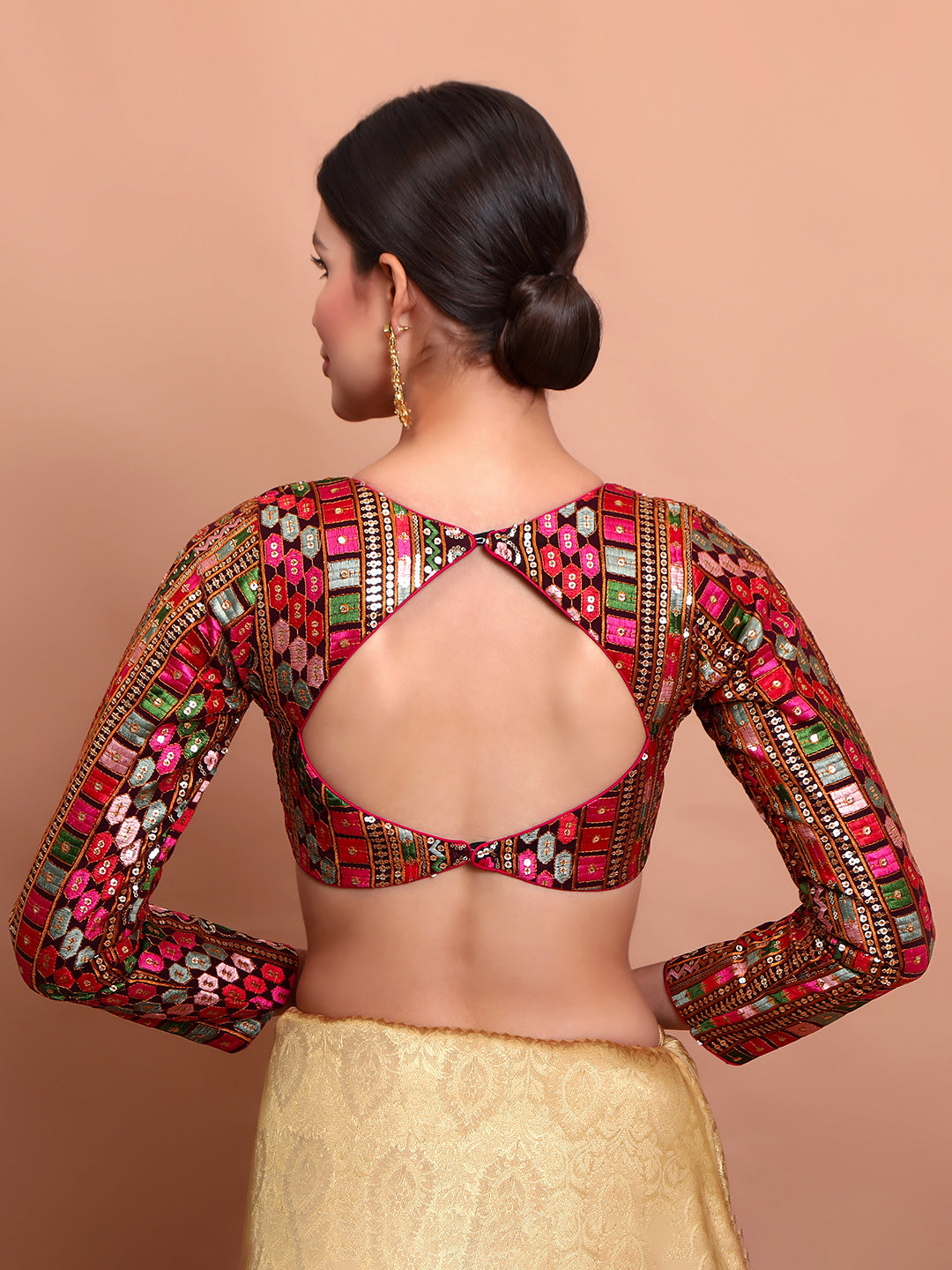 Wine Georgette Embroidered V Neck Readymade Blouse