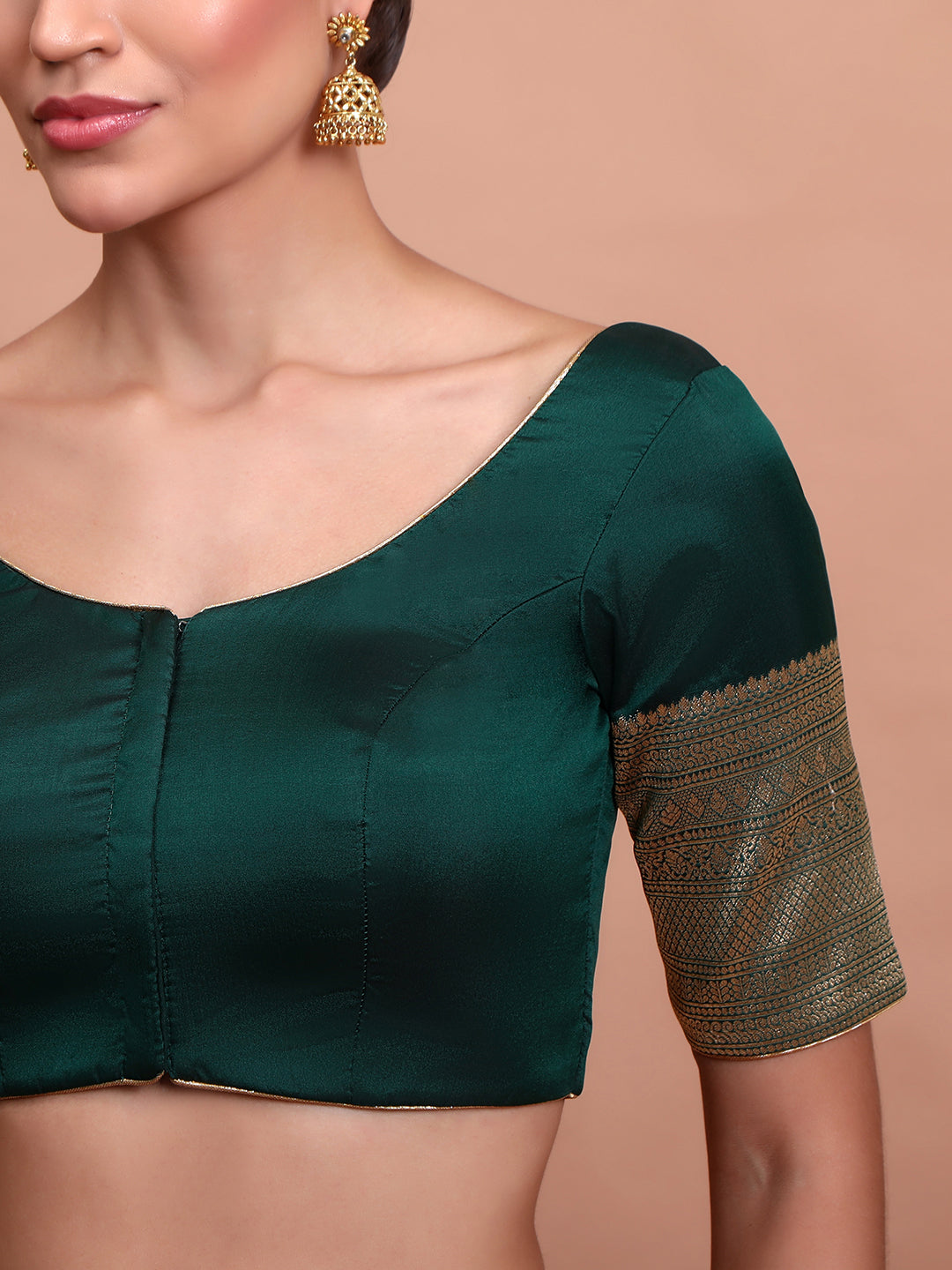 Green Silk Round Neck Readymade Blouse