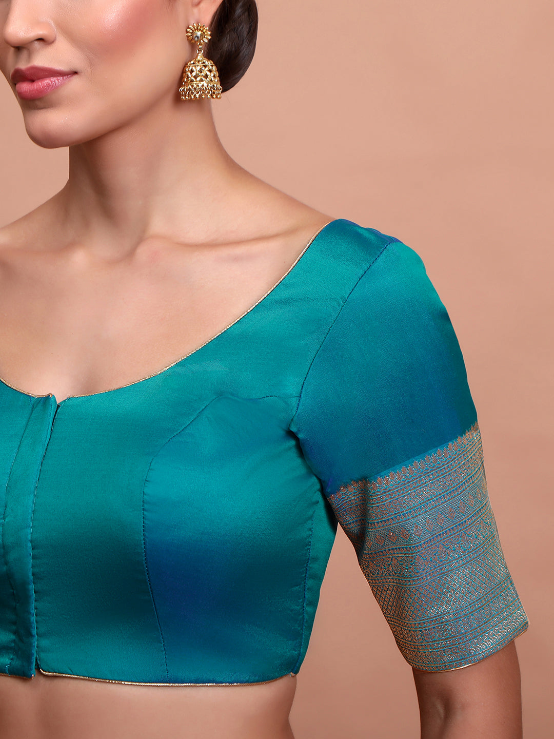 Blue Silk Round Neck Readymade Padded Blouse