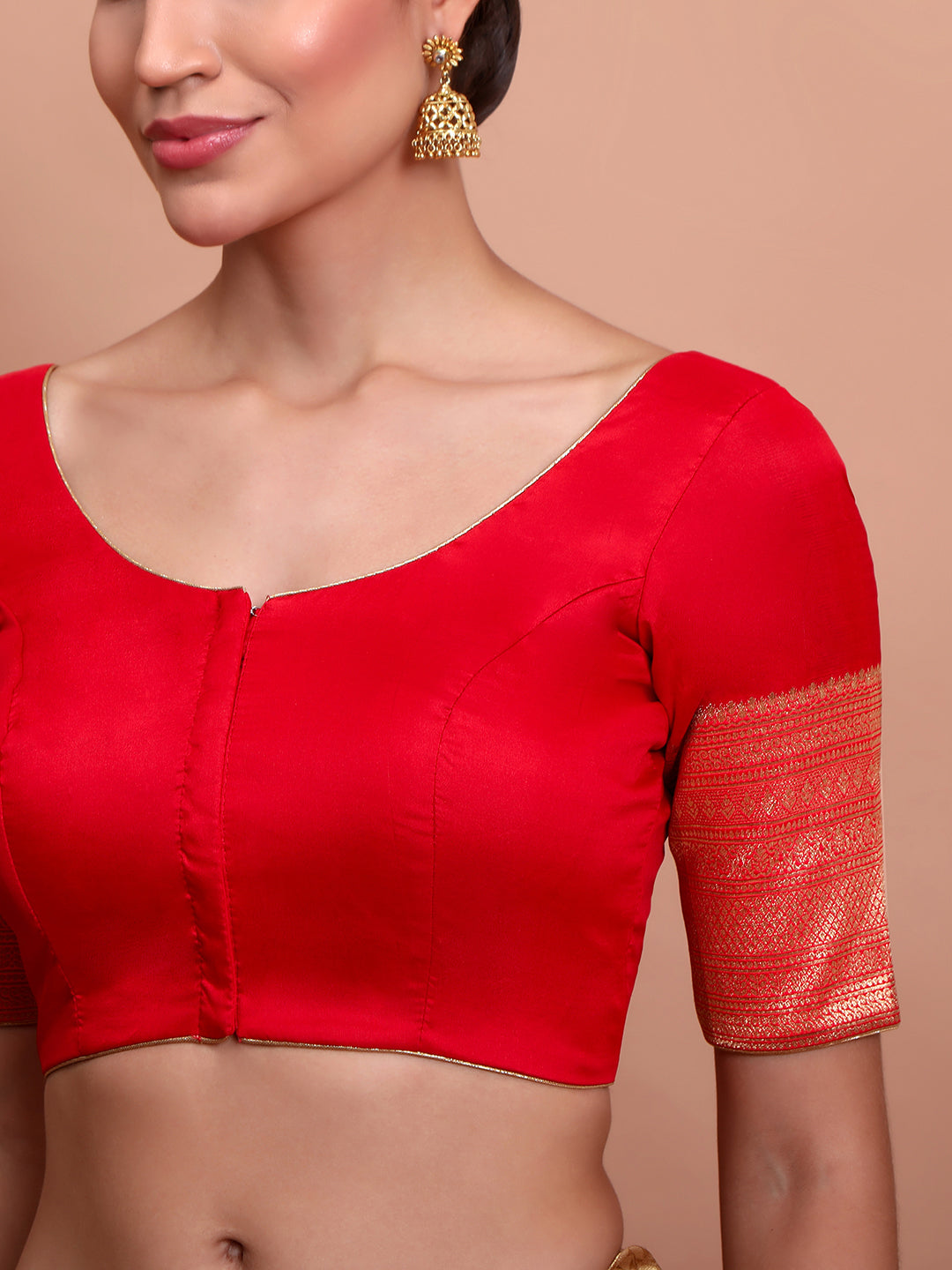Red Silk Round Neck Readymade Padded Blouse