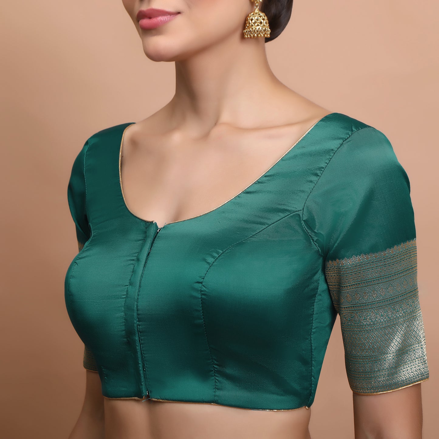 Green Silk Round Neck Readymade Padded Blouse