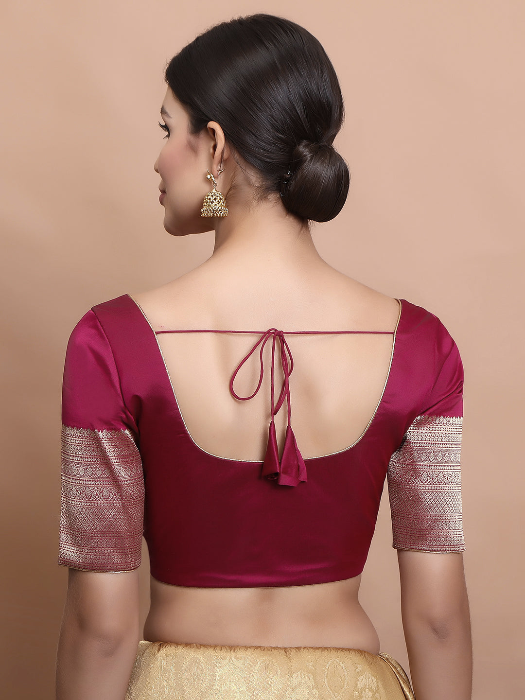 Wine Silk Round Neck Readymade Blouse