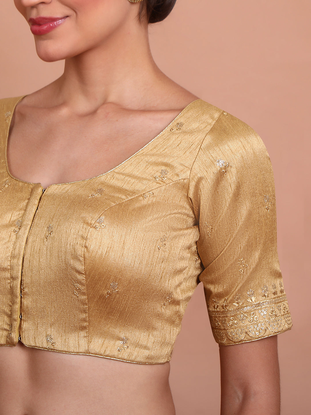 Gold Silk Embroidered Round Neck Readymade Blouse