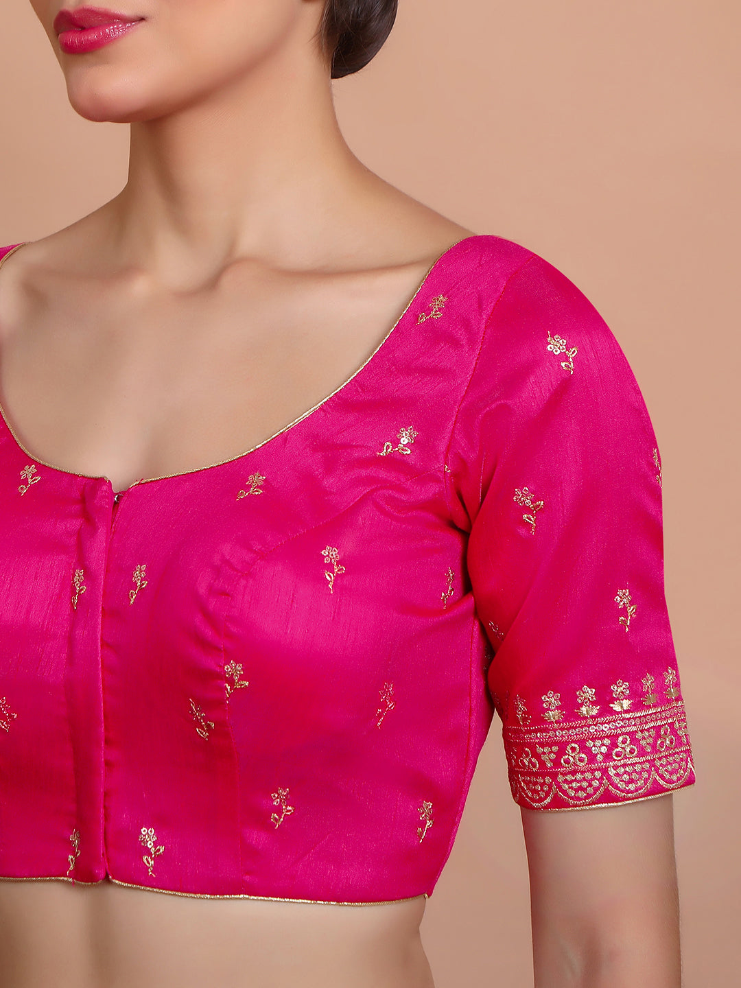 Pink Silk Embroidered Round Neck Readymade Blouse