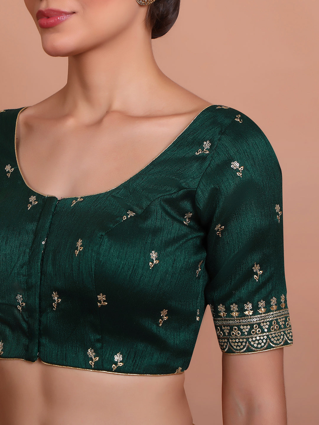 Green Silk Embroidered Round Neck Readymade Blouse