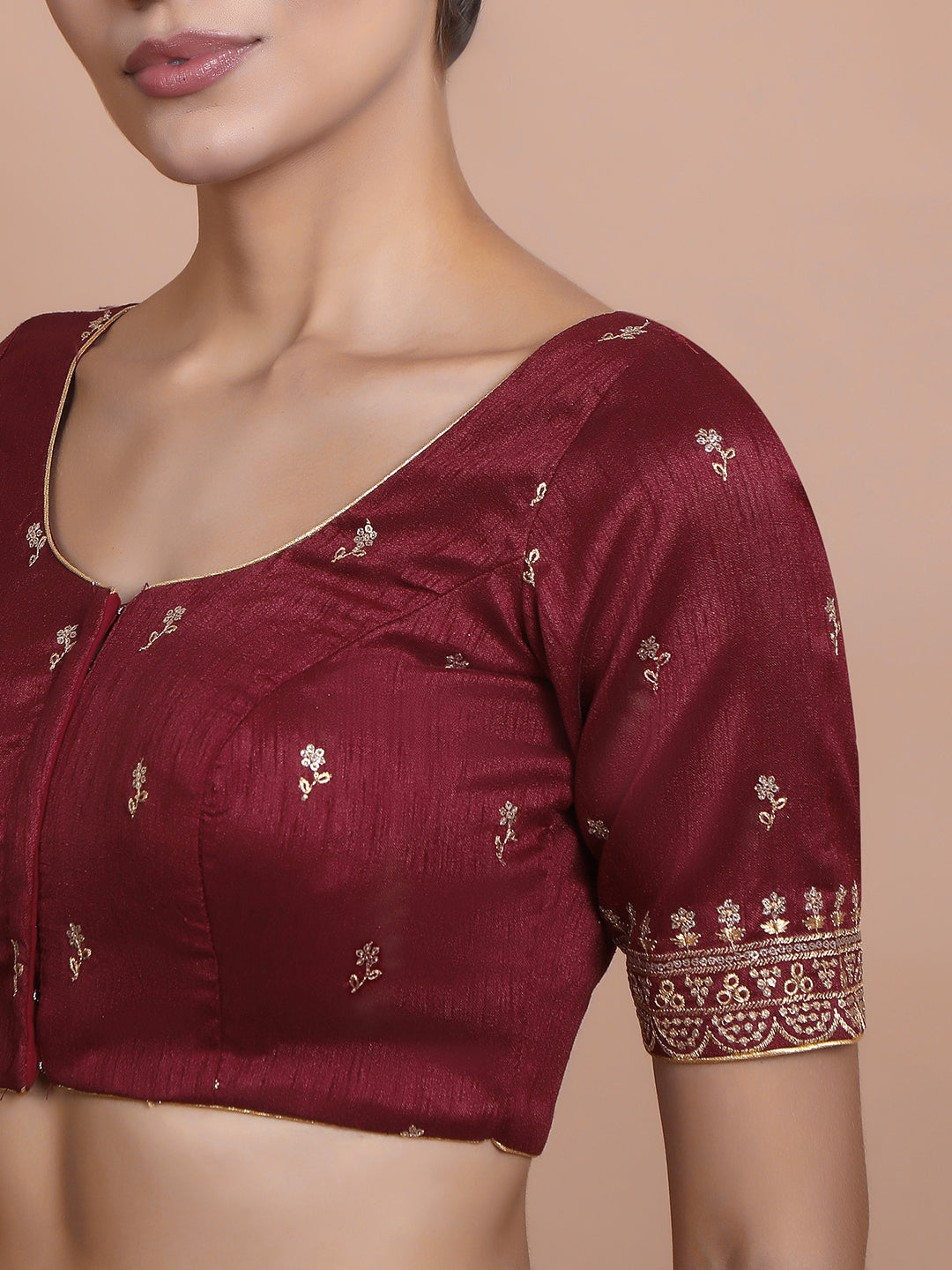 Maroon Silk Embroidered Round Neck Readymade Blouse