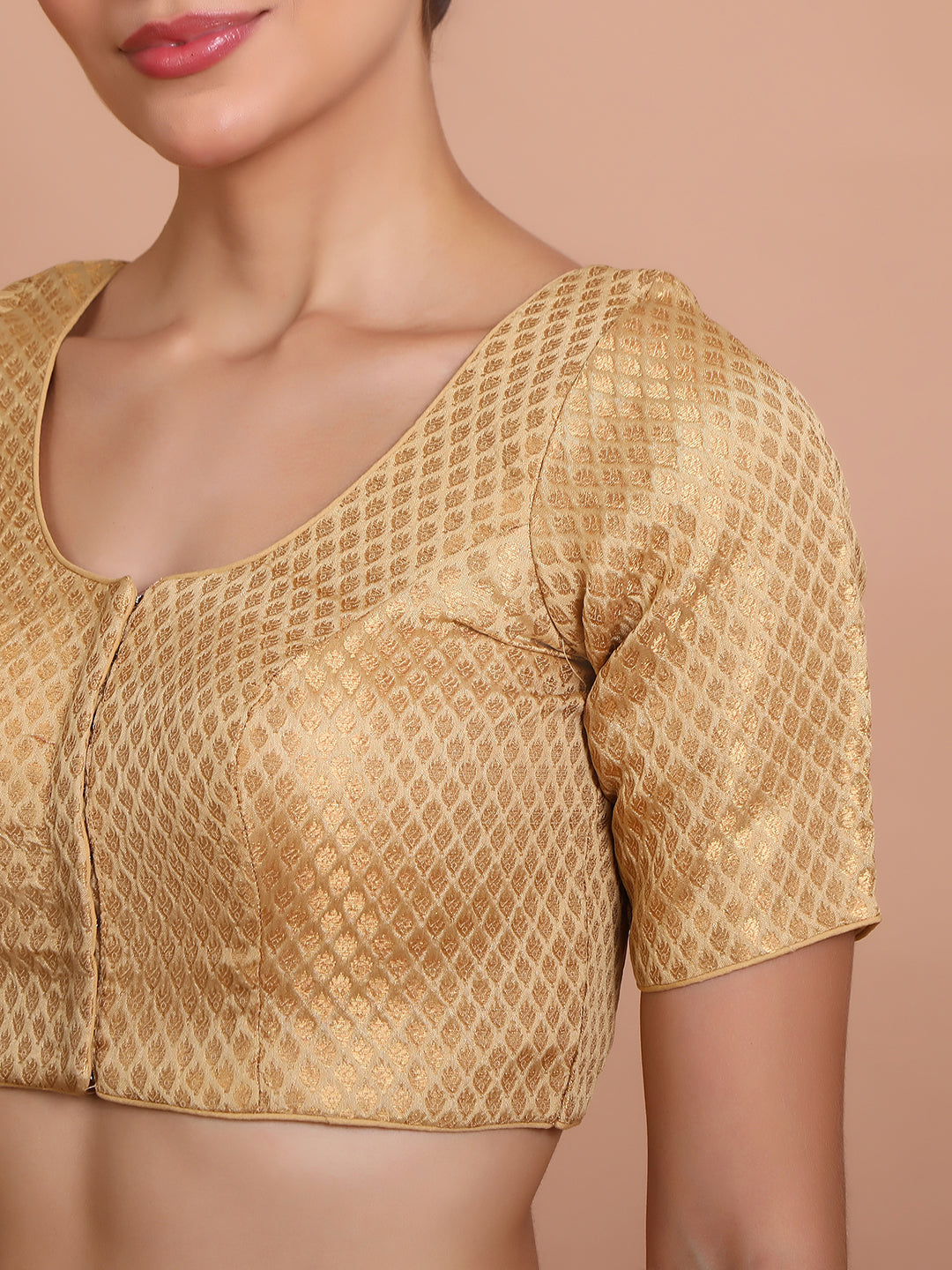 Gold Brocade Round Neck Readymade Padded Blouse
