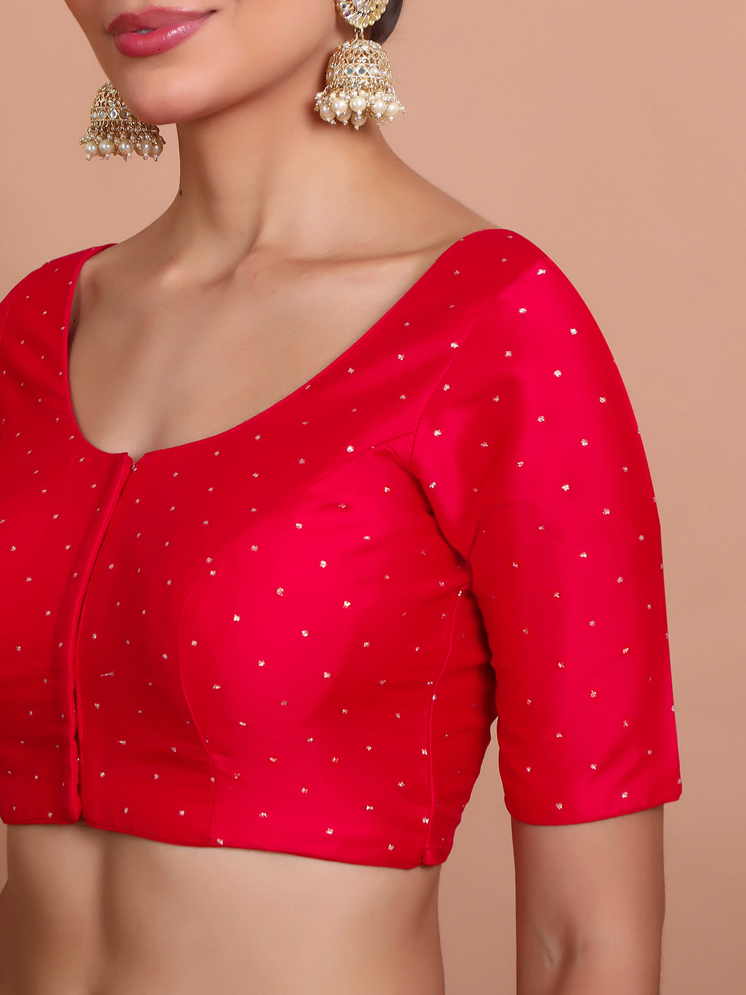 Red Silk Round Neck Readymade Blouse