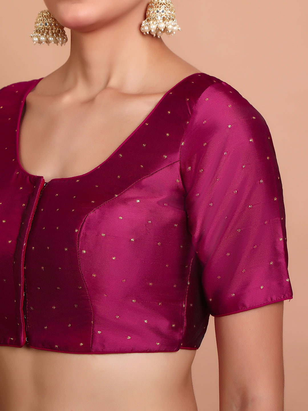 Wine Silk Round Neck Readymade Padded Blouse