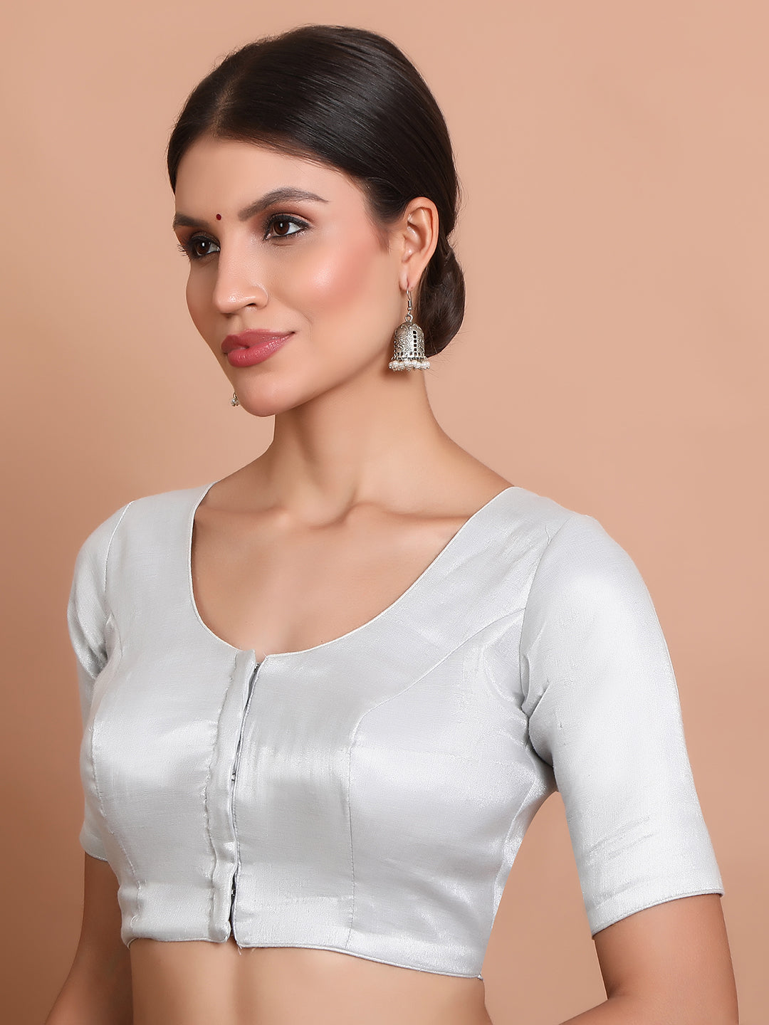 Silver Tissue Round Neck Readymade Blouse