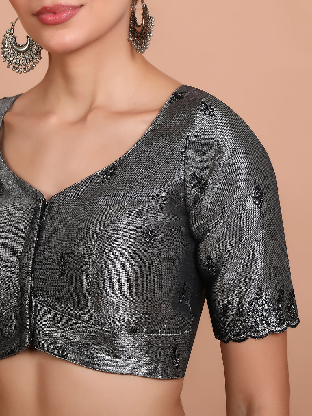 Grey Tissue Emroidered Readymade Blouse