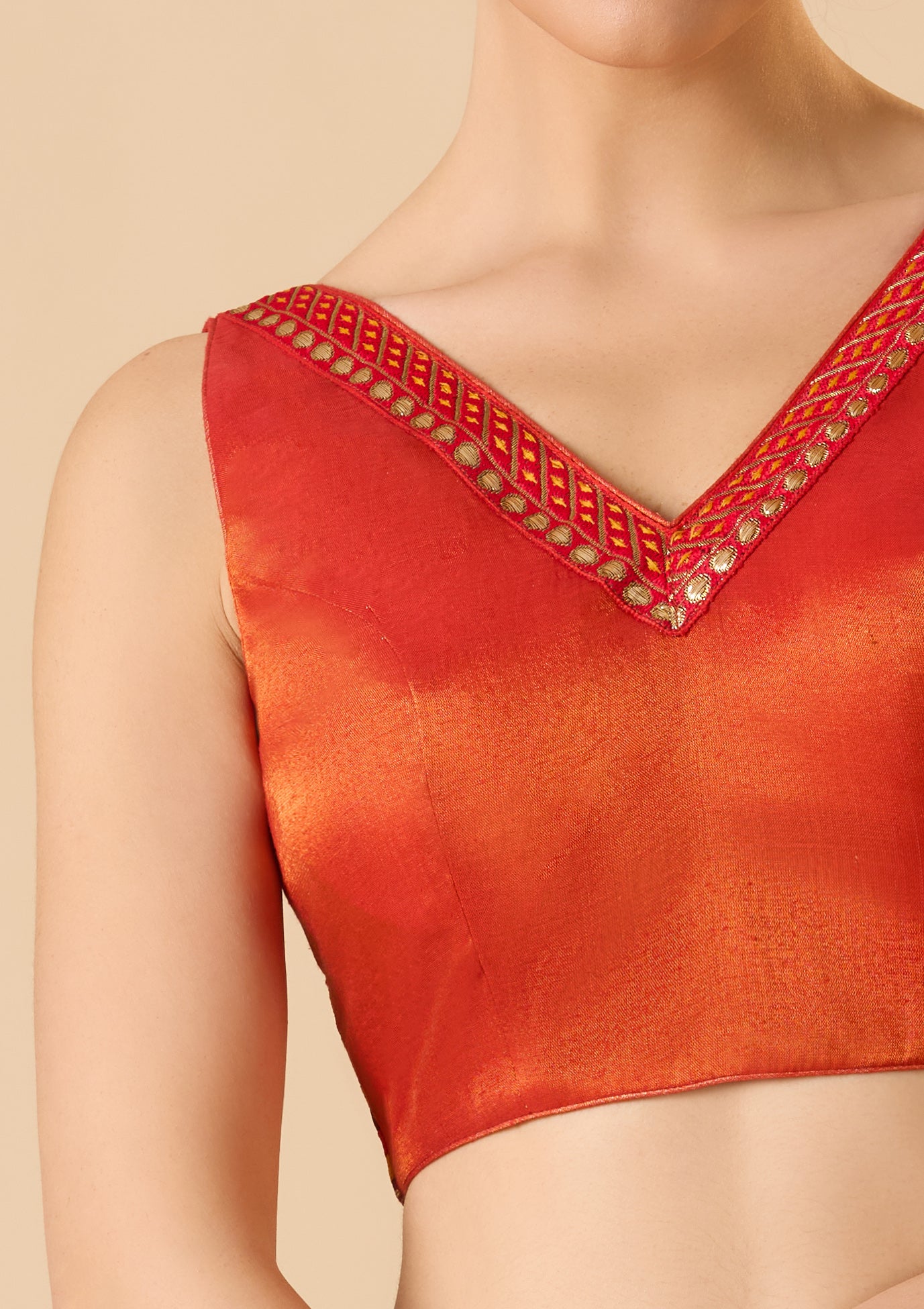 Rust Cotton Tissue V-neck Sleeveless Readymade Blouse