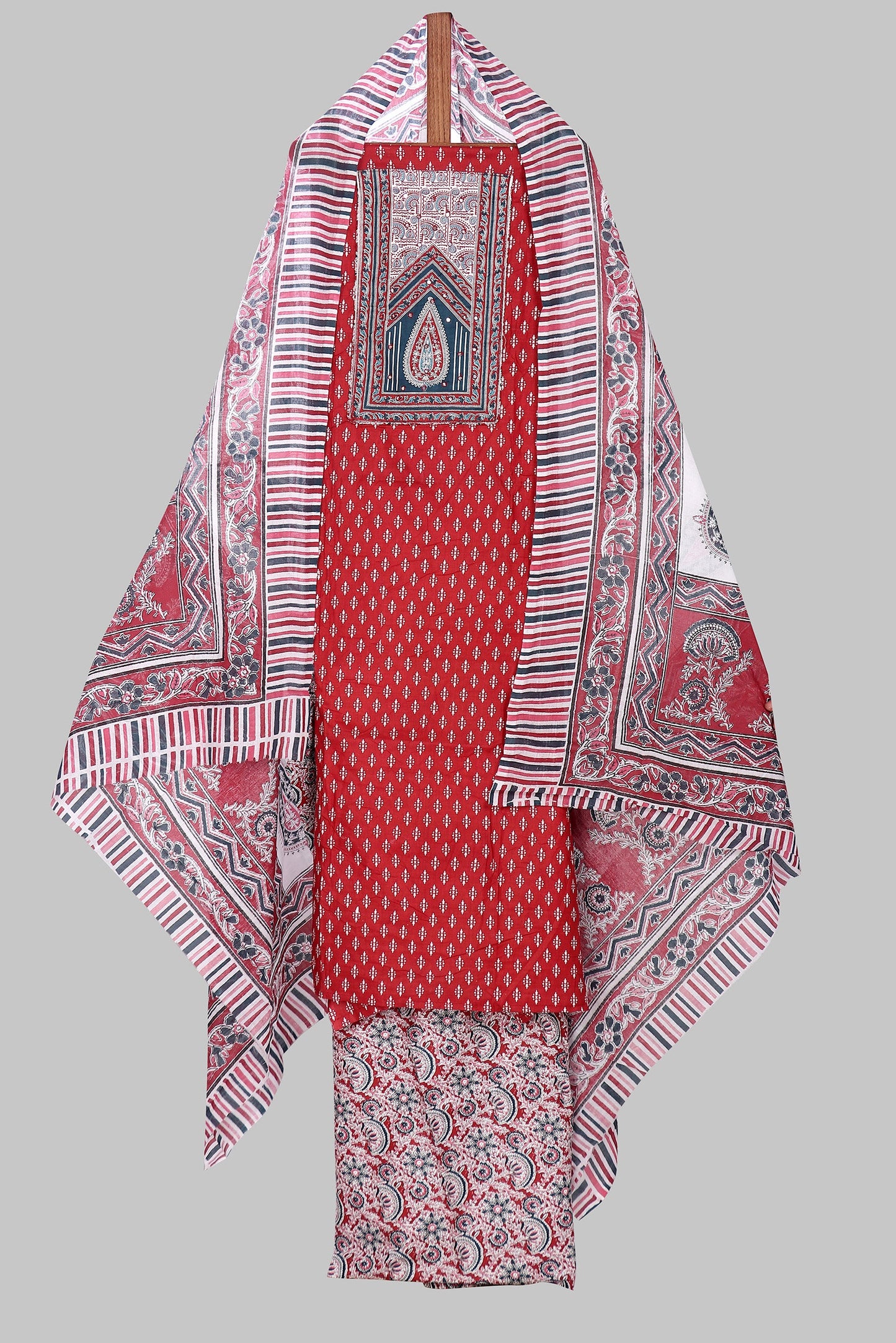 Cotton Printed Red Unstitched Salwar Dress Material With Dupatta