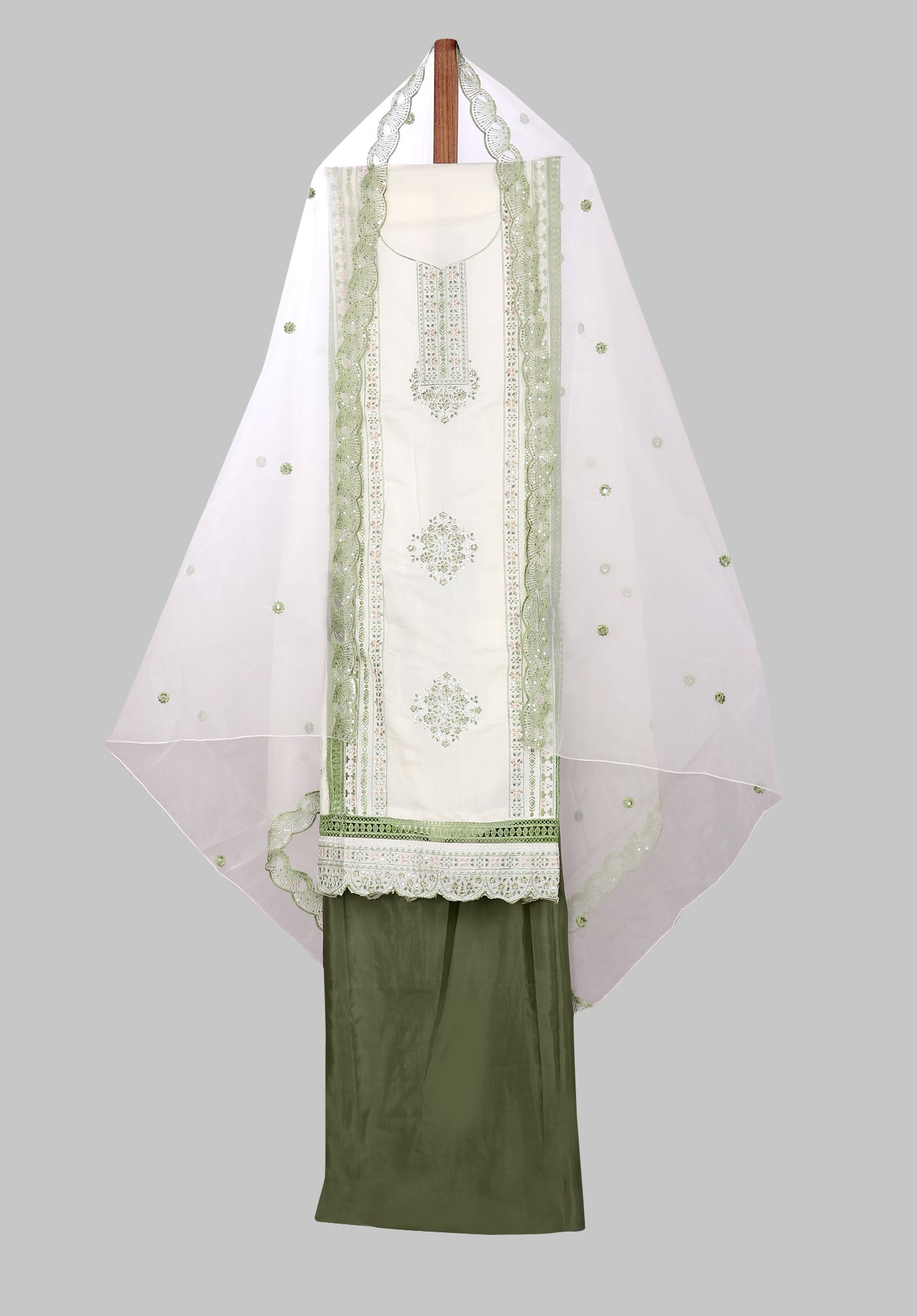 Silk Embroidered Green & White Unstitched Dress Material With Dupatta