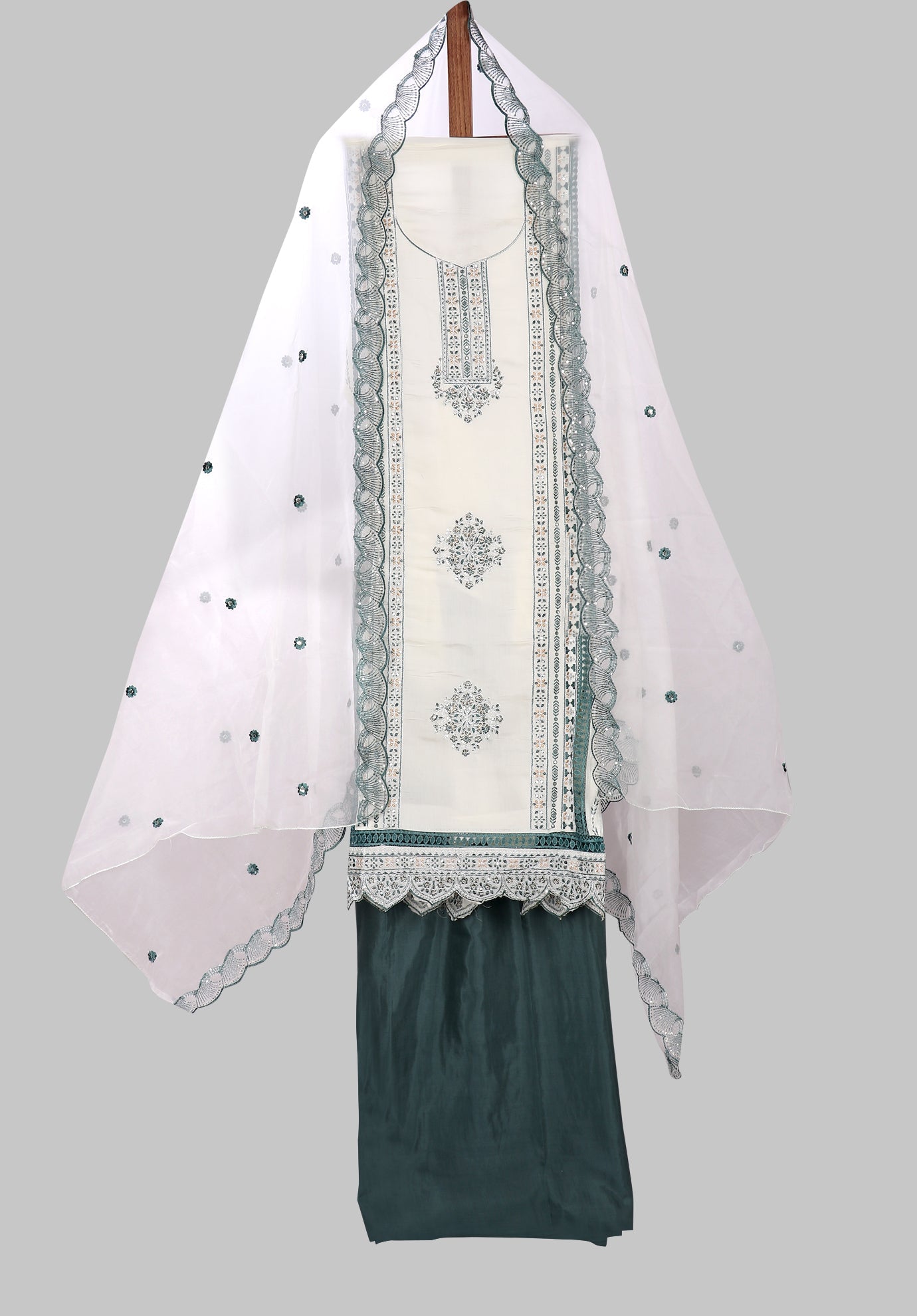 Silk Embroidered White & Blue Unstitched Dress Material With Dupatta