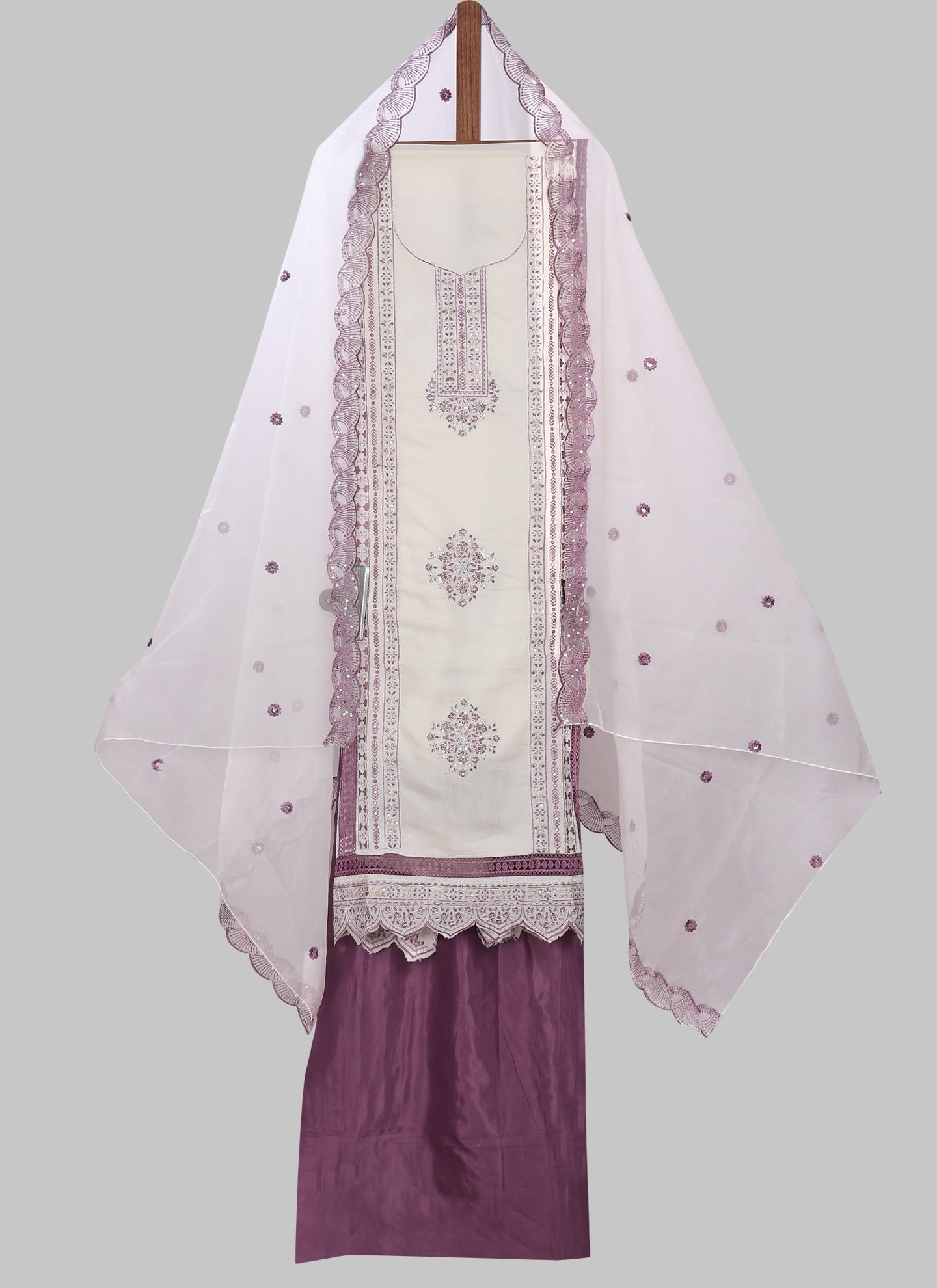 Silk Embroidered White & Purple Unstitched Dress Material With Dupatta