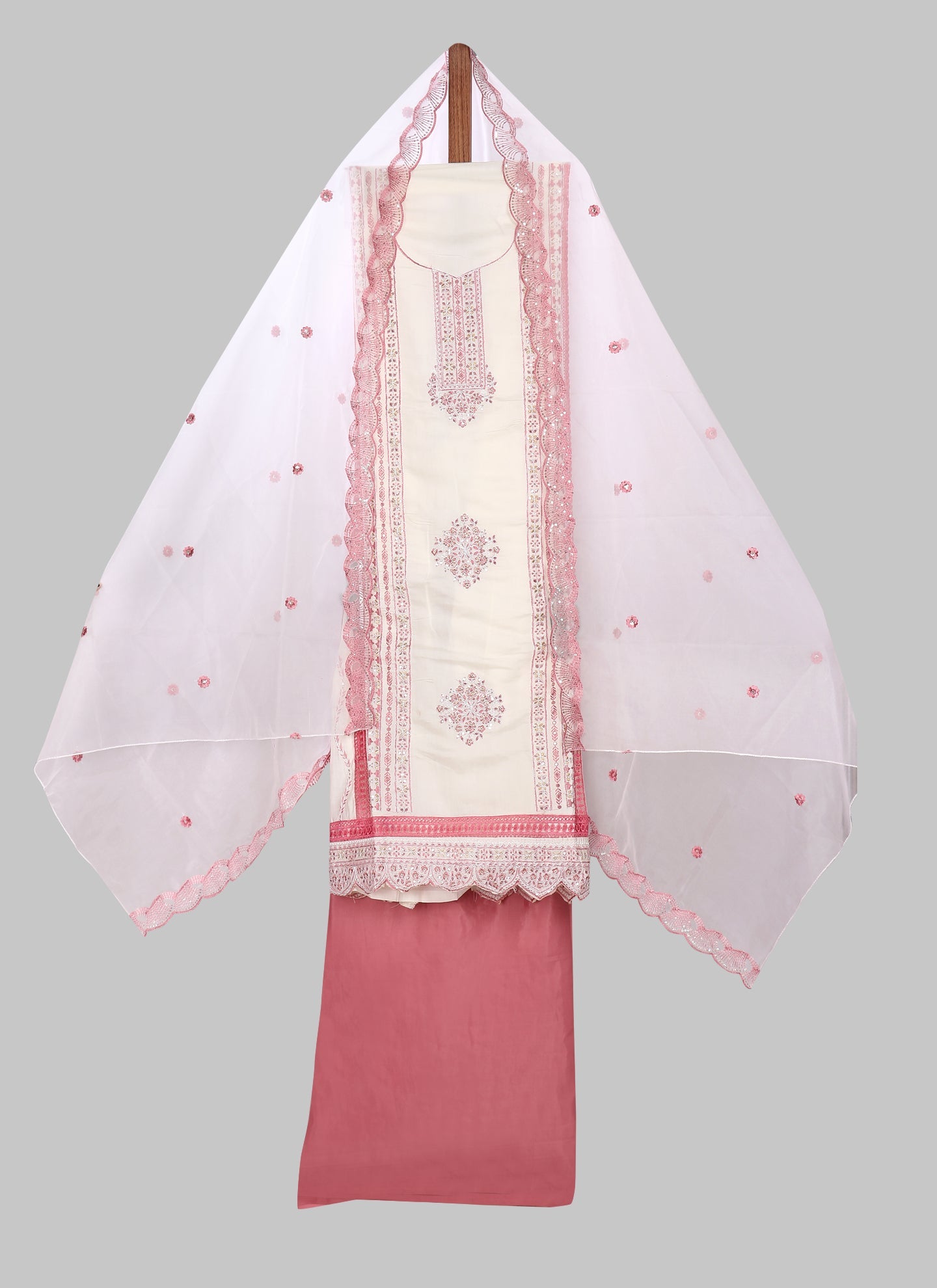 Silk Embroidered Pink & White Unstitched Dress Material With Dupatta