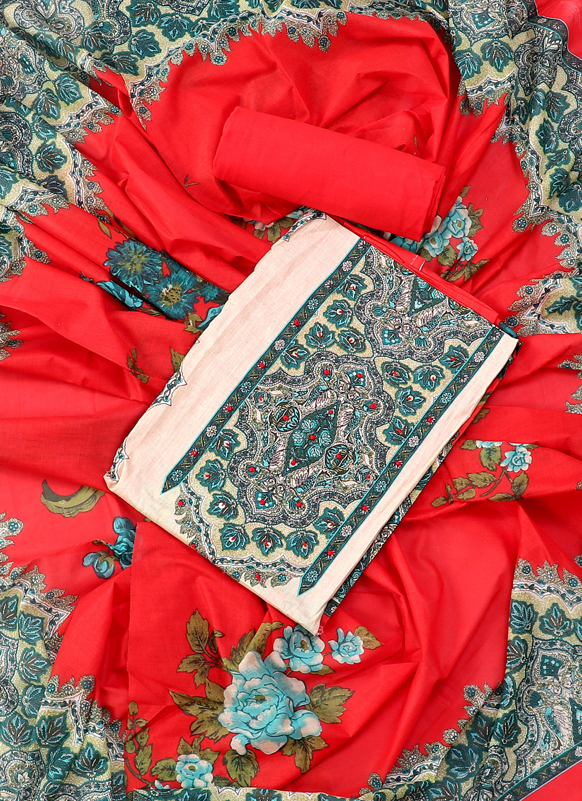 Cotton Printed Red & White Unstitched Dress Material With Dupatta Salwar Studio Cotton Printed Red & White Unstitched Dress Material With Dupatta Salwar Studio