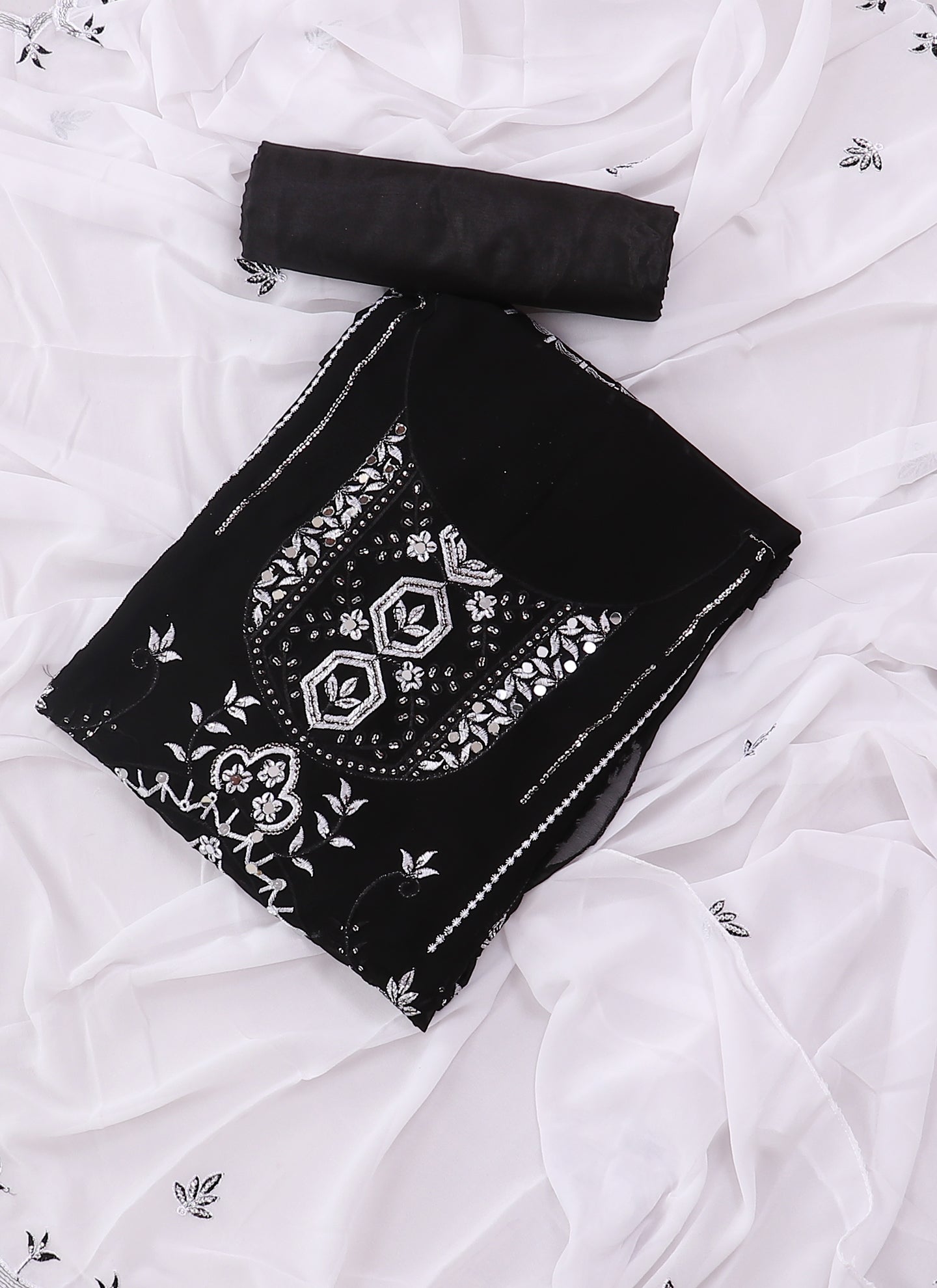 Georgette Embroidered White & Black Unstitched Dress Material With Dup Salwar Studio Georgette Embroidered White & Black Unstitched Dress Material With Dup Salwar Studio