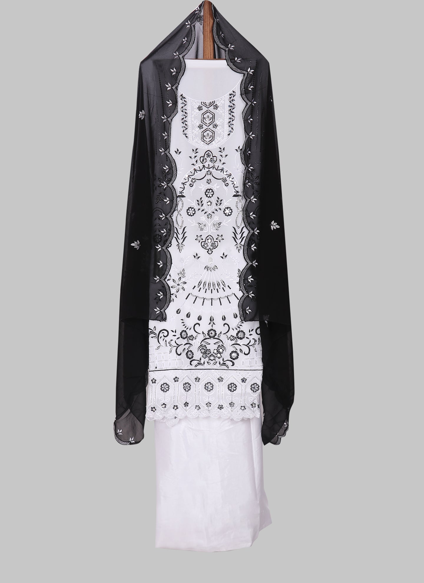White and Black Embroidered Floral Georgette Unstitched Dress Material