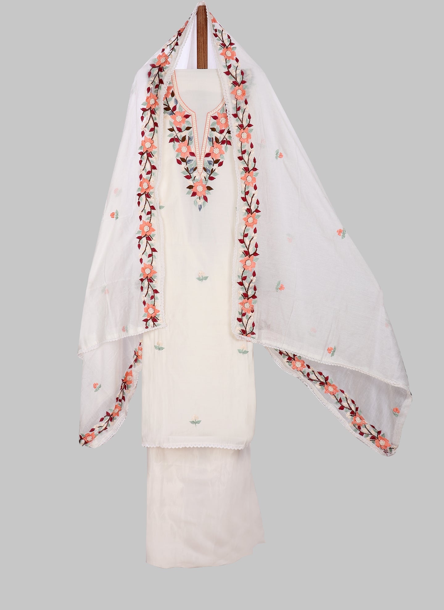 Silk Embroidered White Unstitched Dress Material With Dupatta
