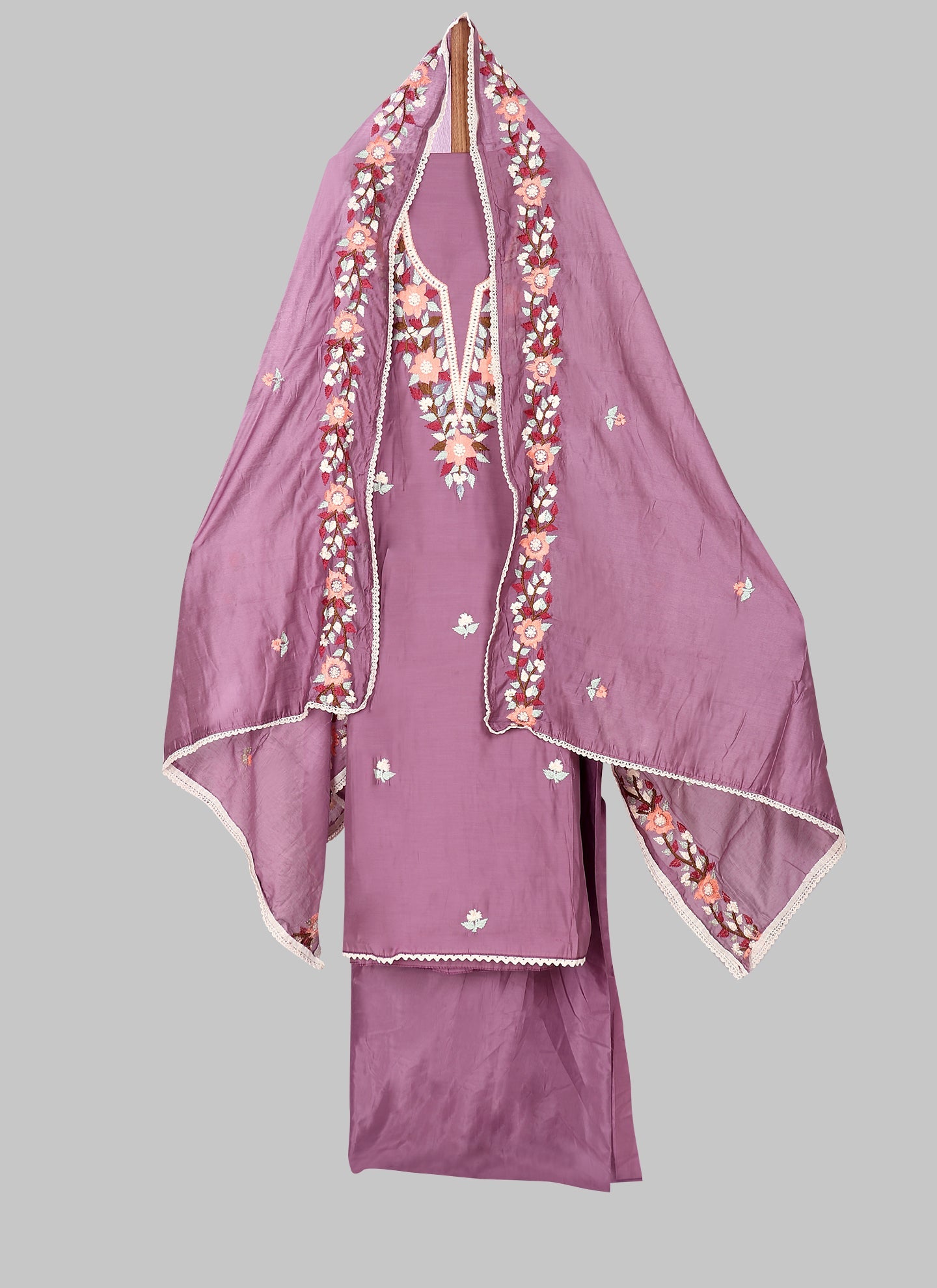 Silk Embroidered Purple Unstitched Dress Material With Dupatta