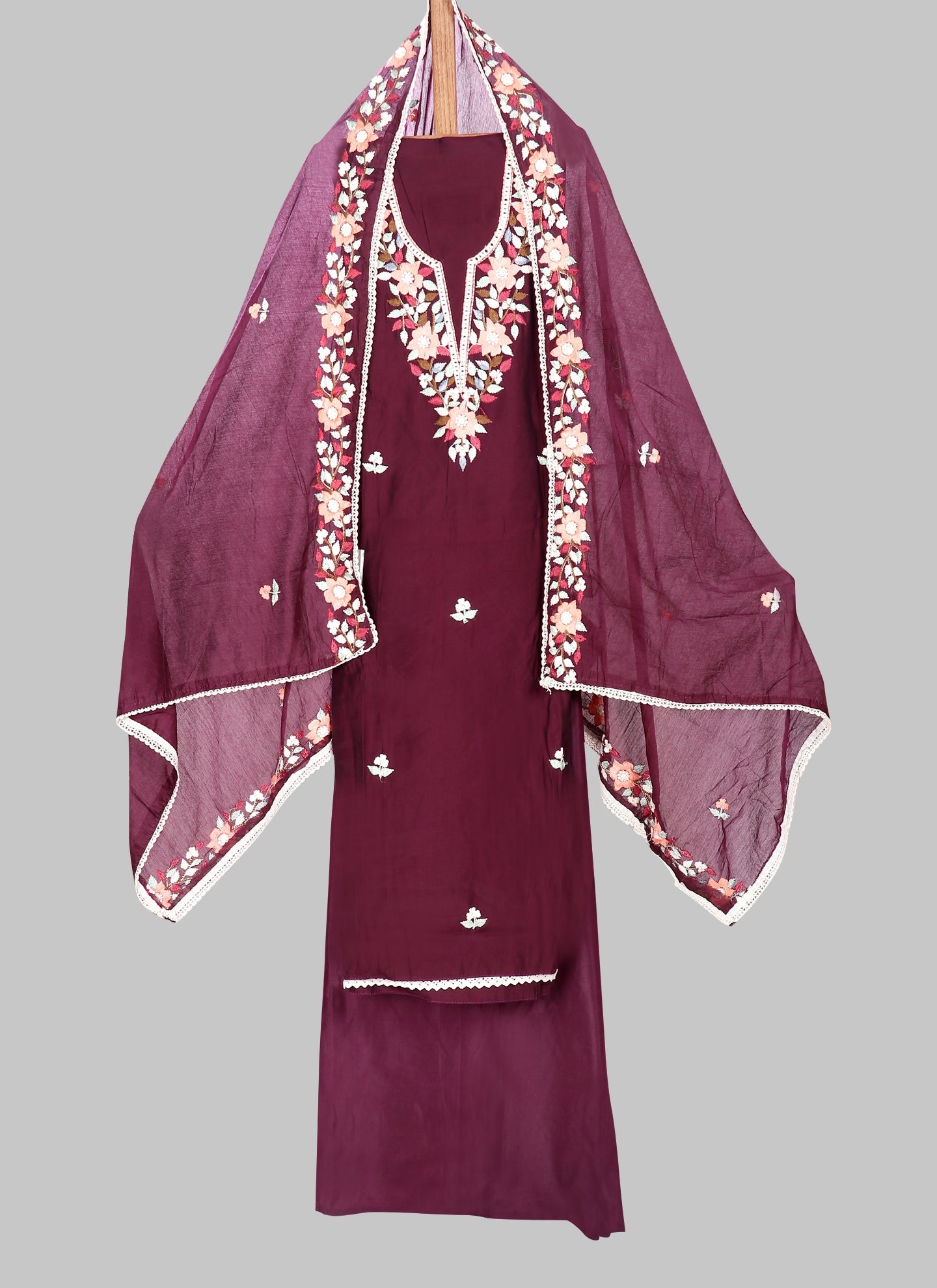 Silk Embroidered Purple Unstitched Salwar Dress Material With Dupatta