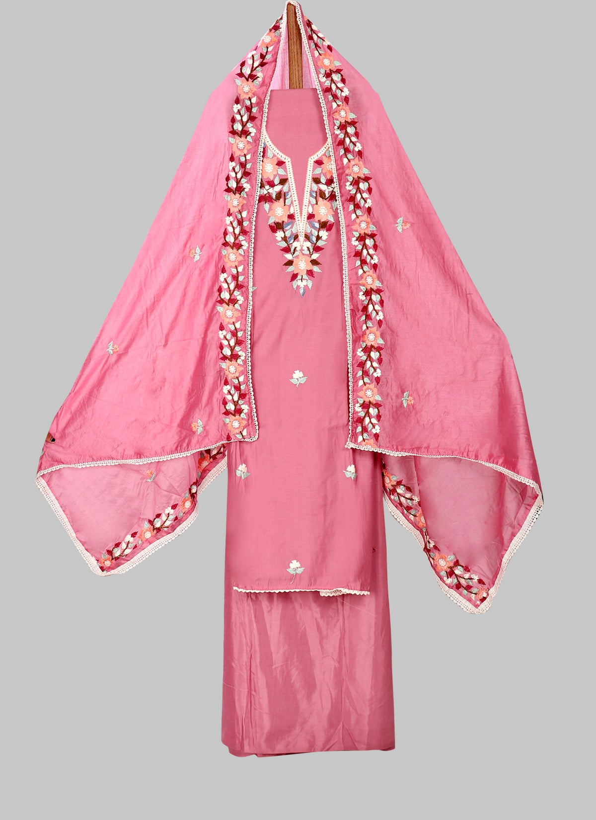Silk Embroidered Pink Unstitched Dress Material With Dupatta