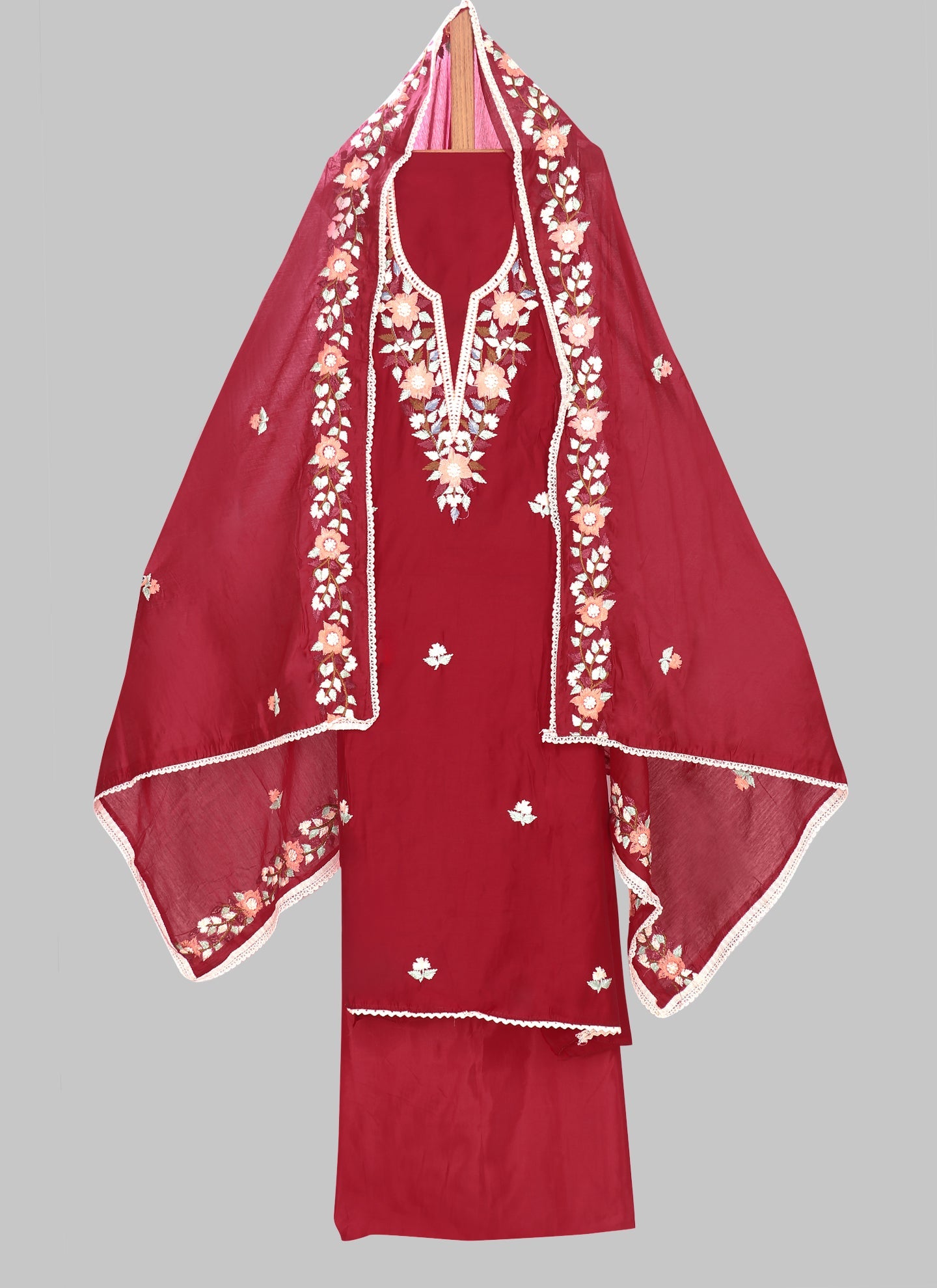 Silk Embroidered Maroon Unstitched Dress Material With Dupatta