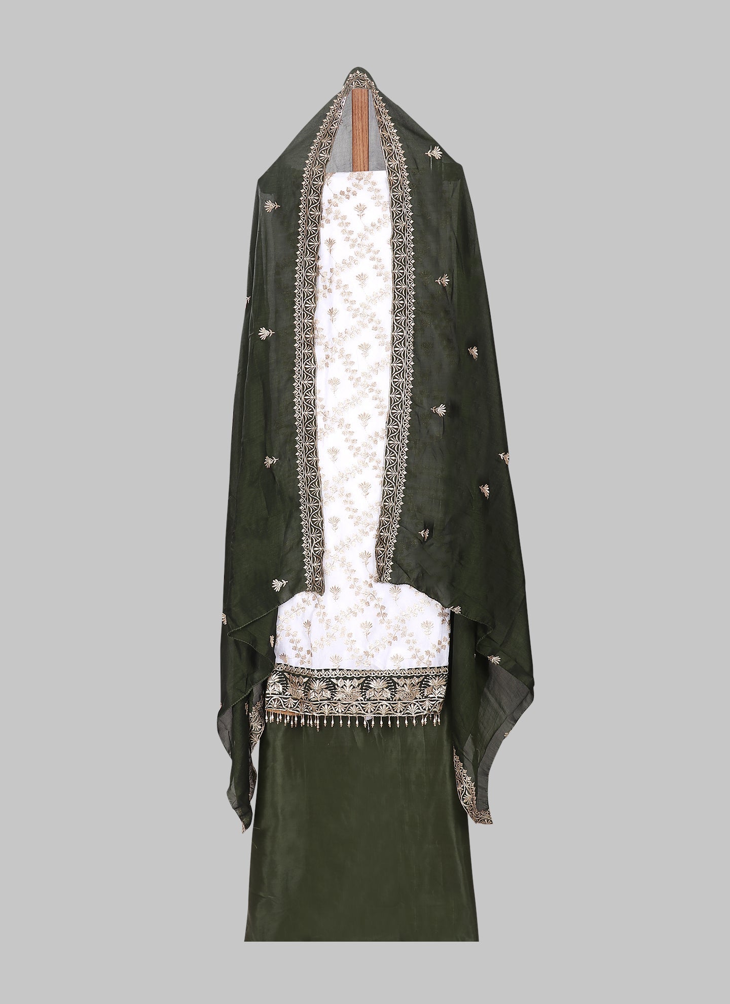 White and Green Embroidered Floral Silk Georgette Unstitched Dress Material