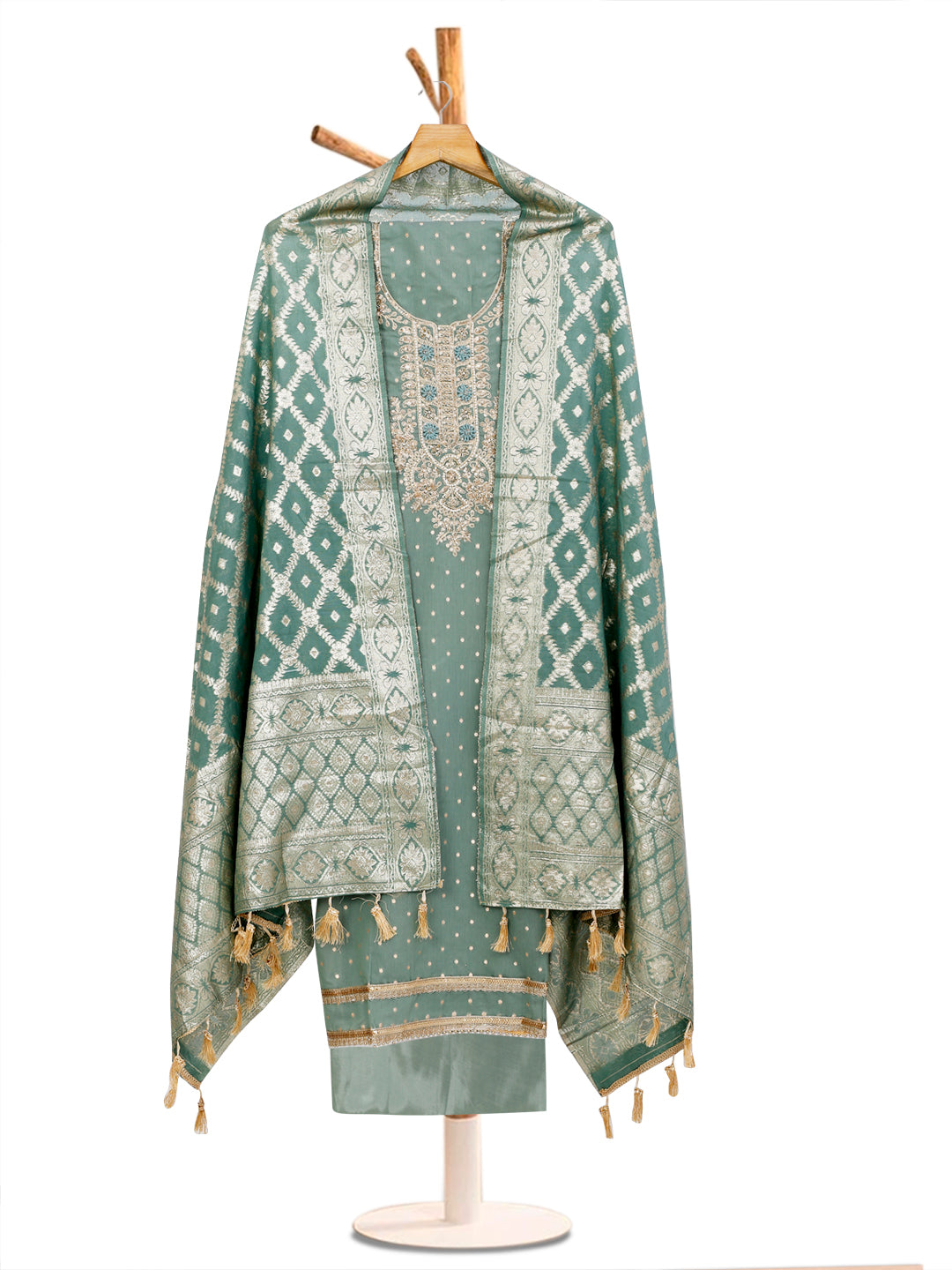 Chanderi Embroidered Green Unstitched Dress Material