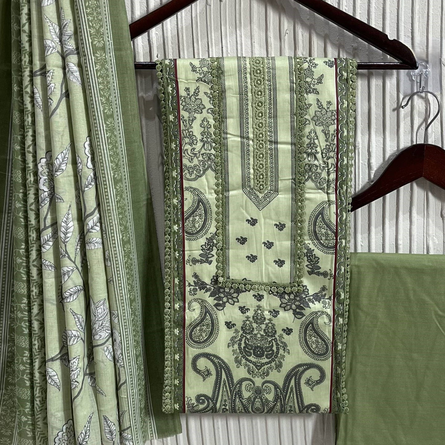 Olive Cotton Printed Unstitched Dress Material