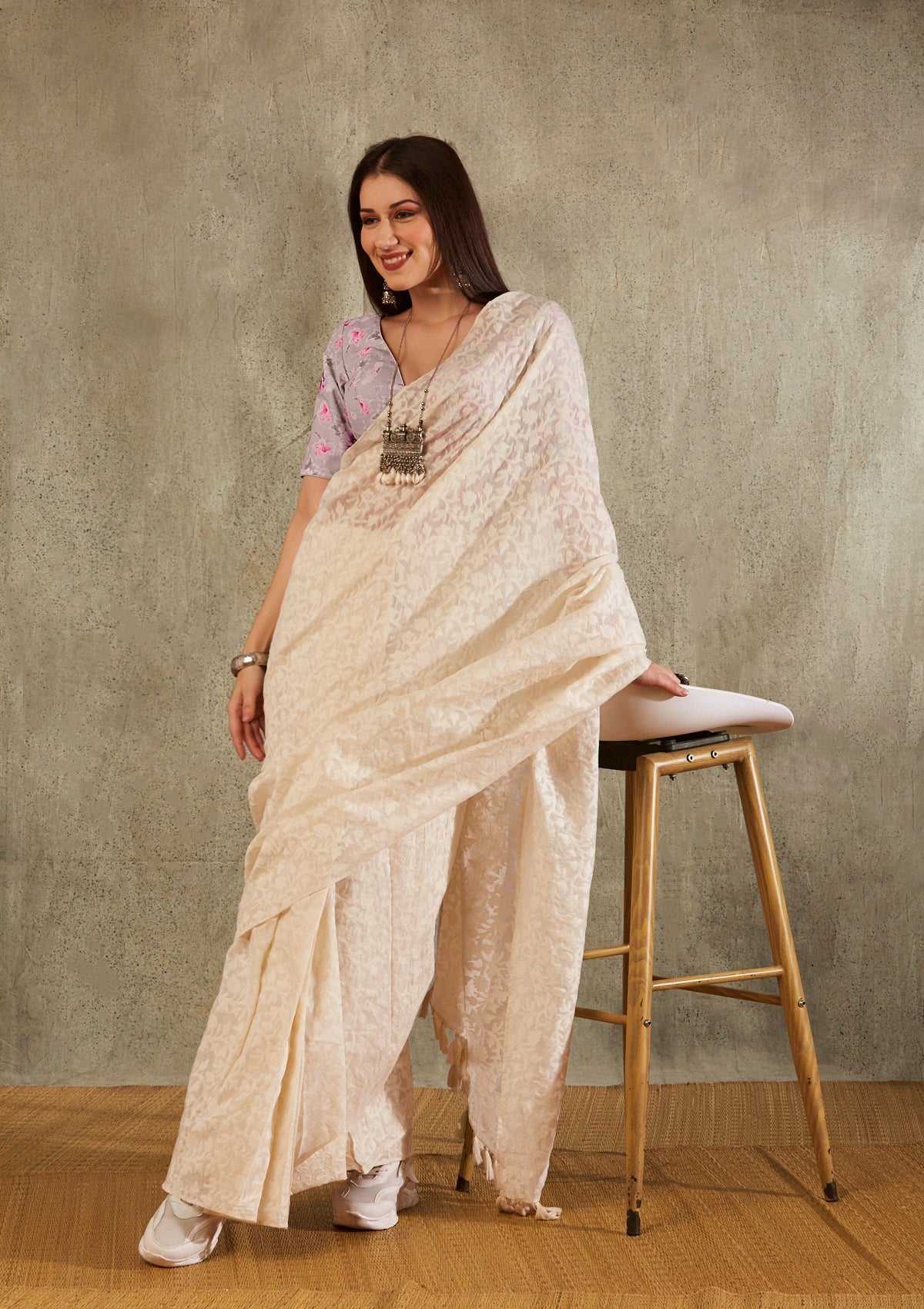 Grey Cotton V Neck Readymade Padded Blouse