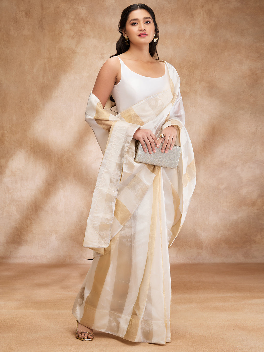 Off White Taffeta Solid Round Neck Sleeveless Blouse