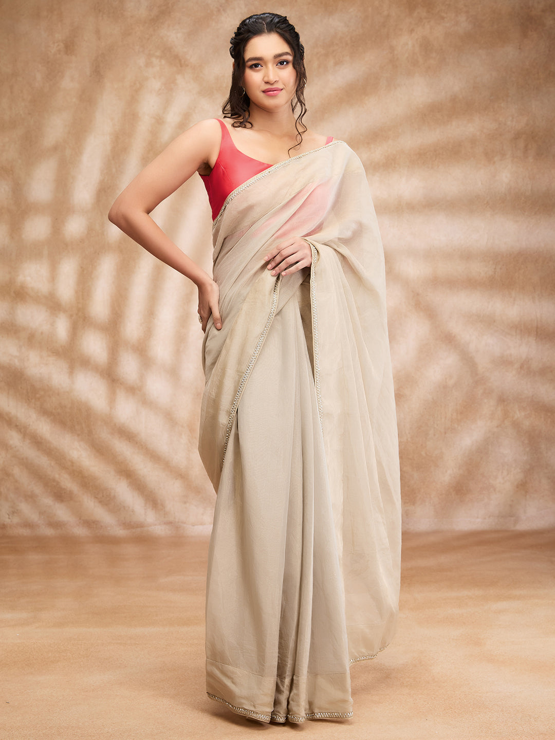 Pink Taffeta Solid Round Neck Sleeveless Blouse