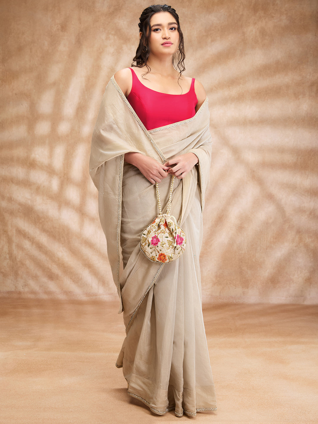 Pink Taffeta Solid Round Neck Sleeveless Blouse