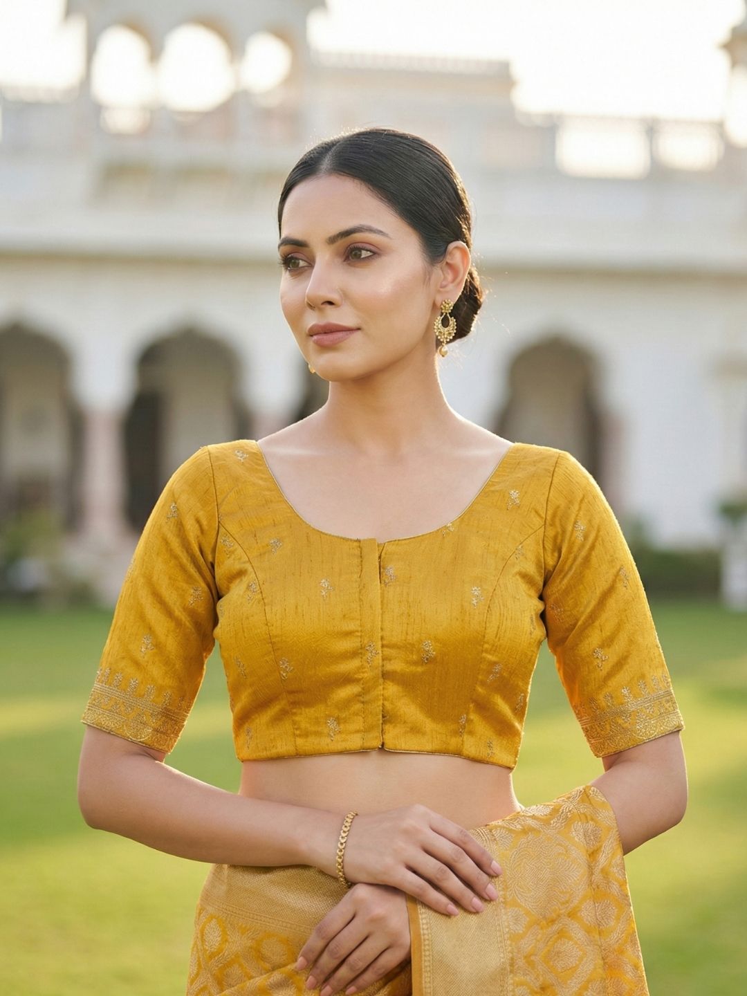 Mustard Silk Embroidered Round Neck Readymade Blouse
