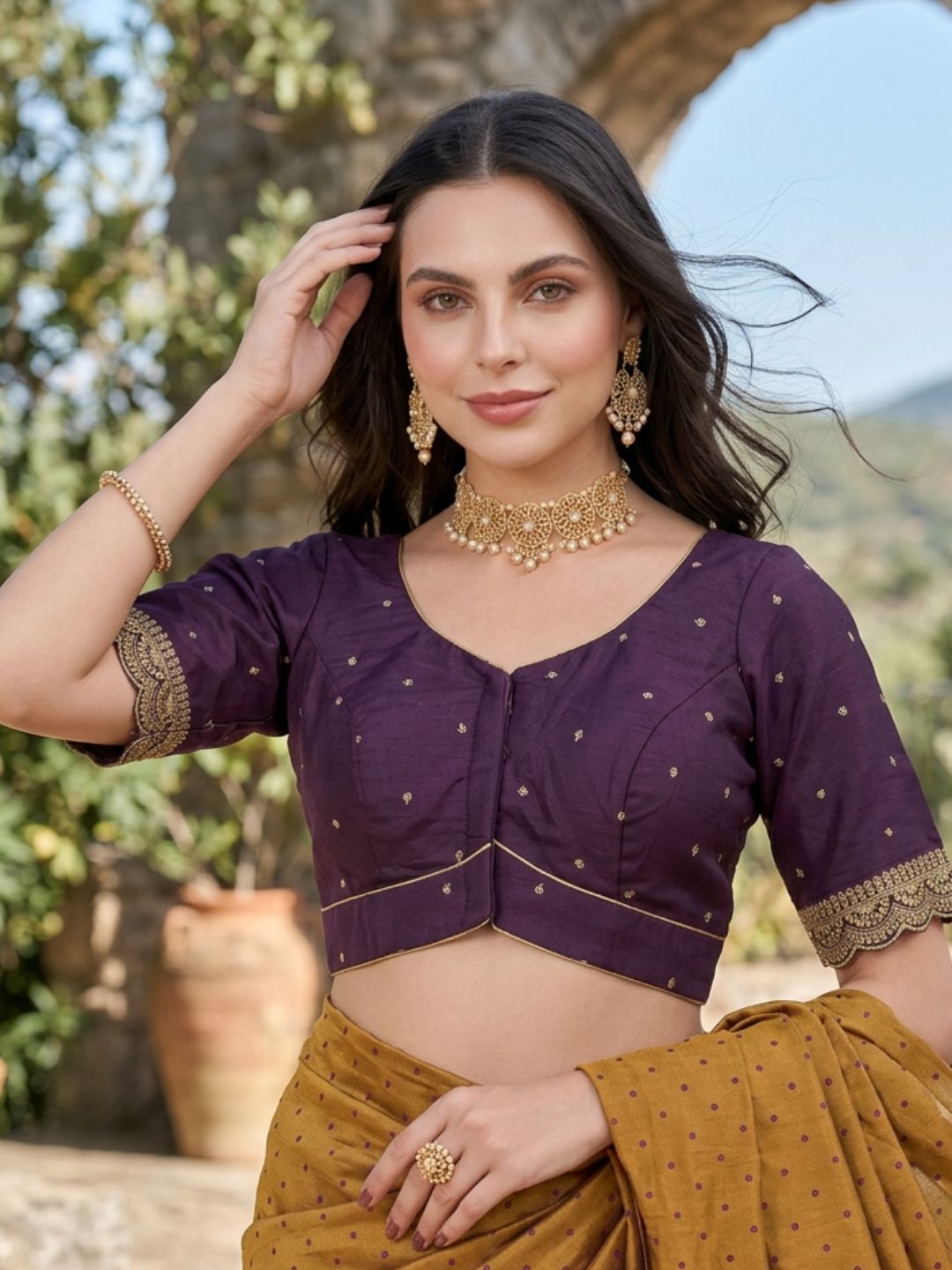 Wine Silk Embroidered Sweetheart Neck Saree Blouse