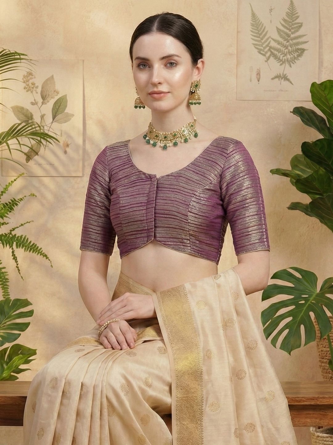 Purple Tissue Round Neck Readymade Blouse