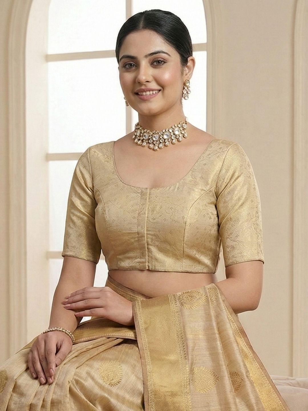 Gold Tissue Round Neck Readymade Blouse