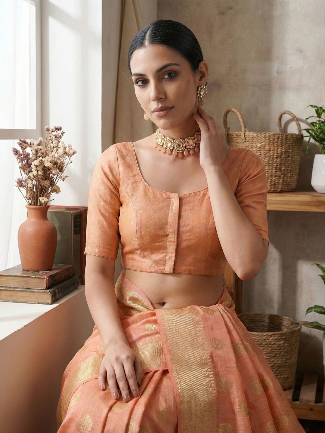 Peach Tissue Round Neck Readymade Blouse