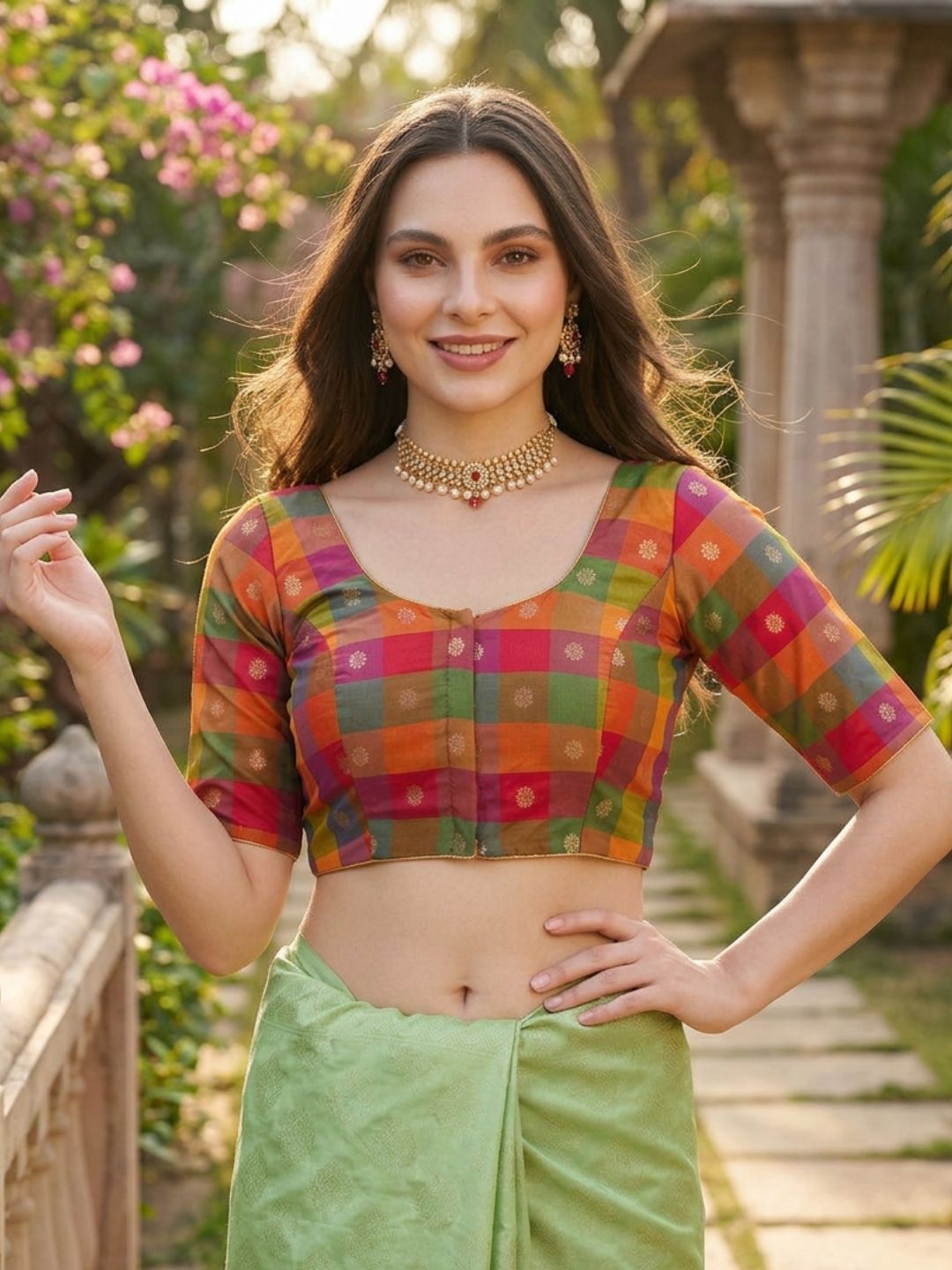 Multicolour Silk Round Neck Saree Blouse