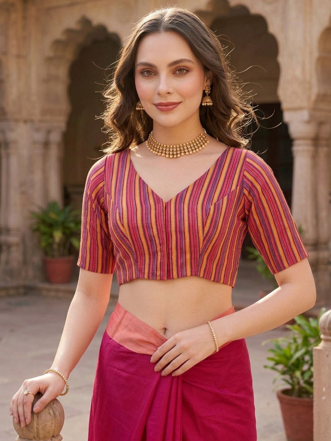 Pink Woven Design V Neck Saree Blouse