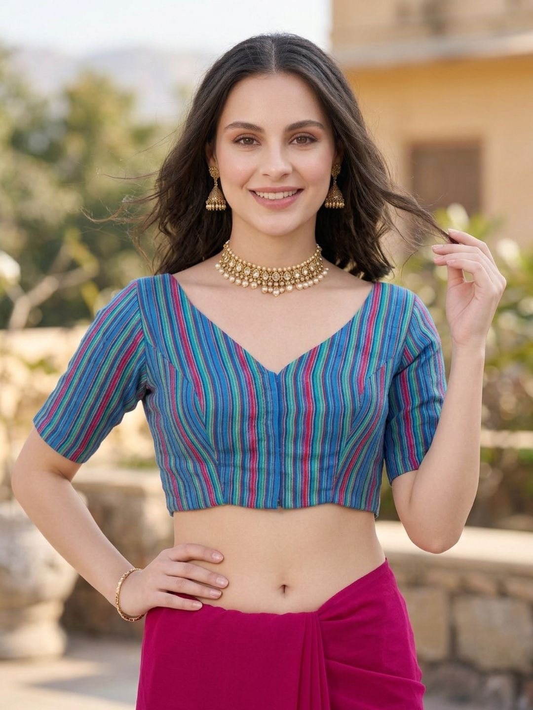Blue Woven Design V Neck Saree Blouse