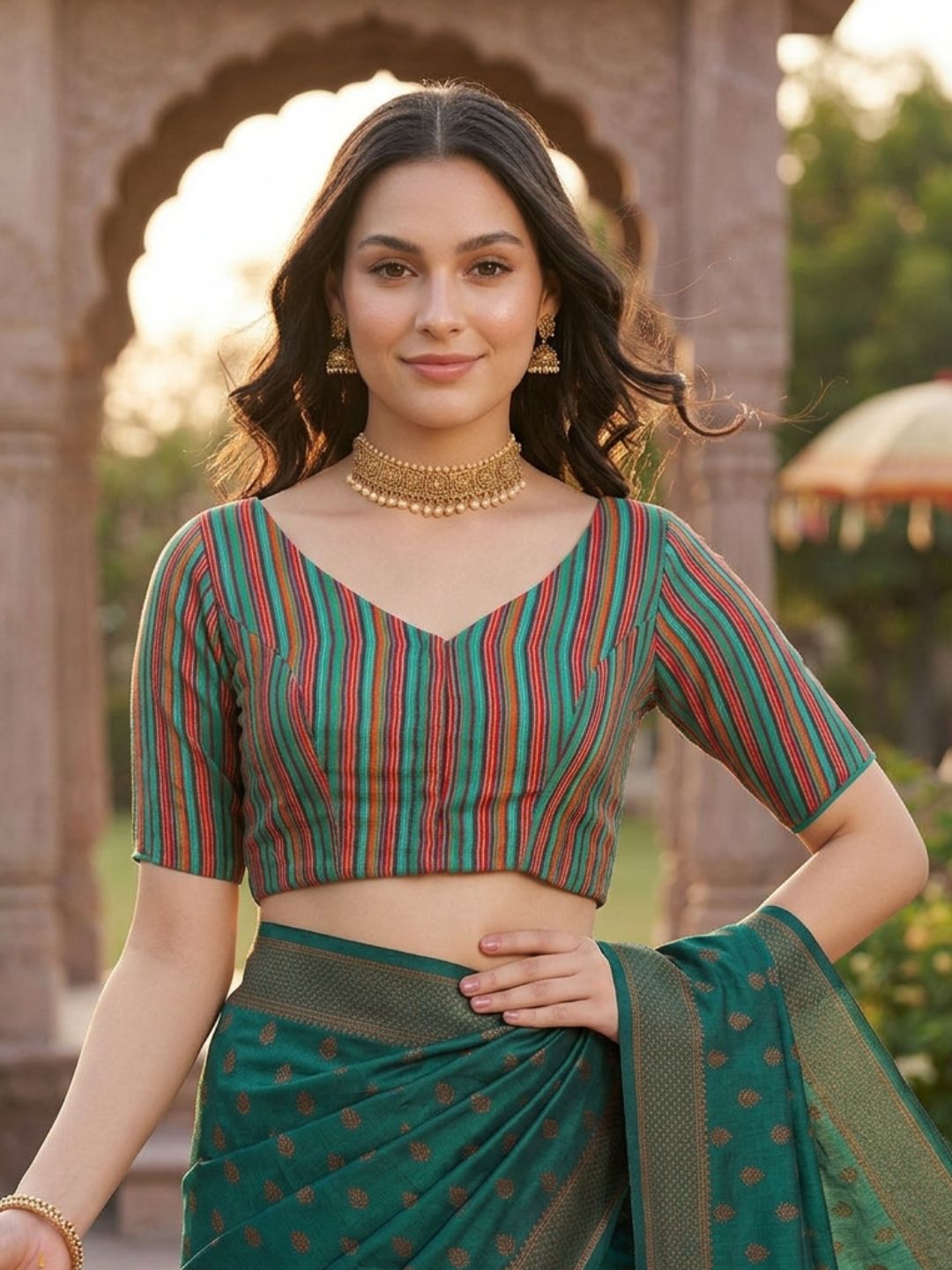 Rama Green Woven Design V Neck Saree Blouse